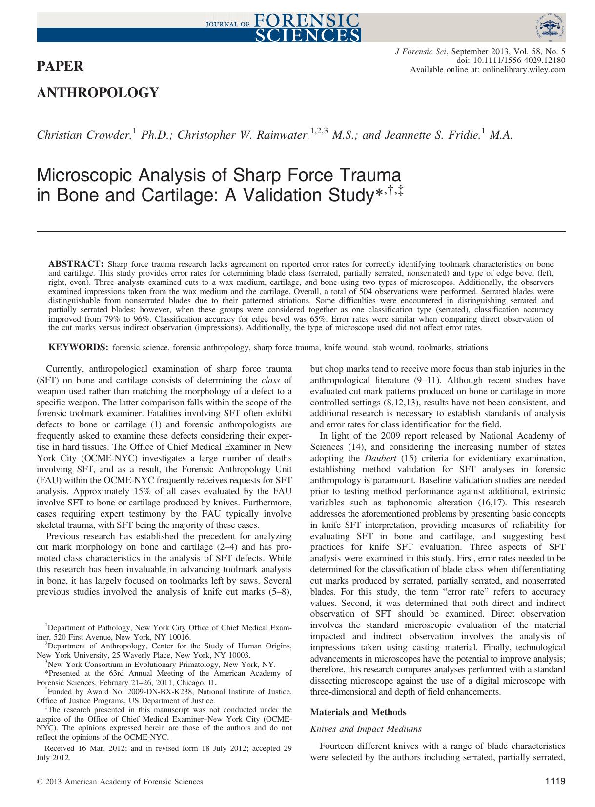 Microscopic Analysis of Sharp Force Trauma in Bone and Cartilage: A Validation Study,, by Unknown