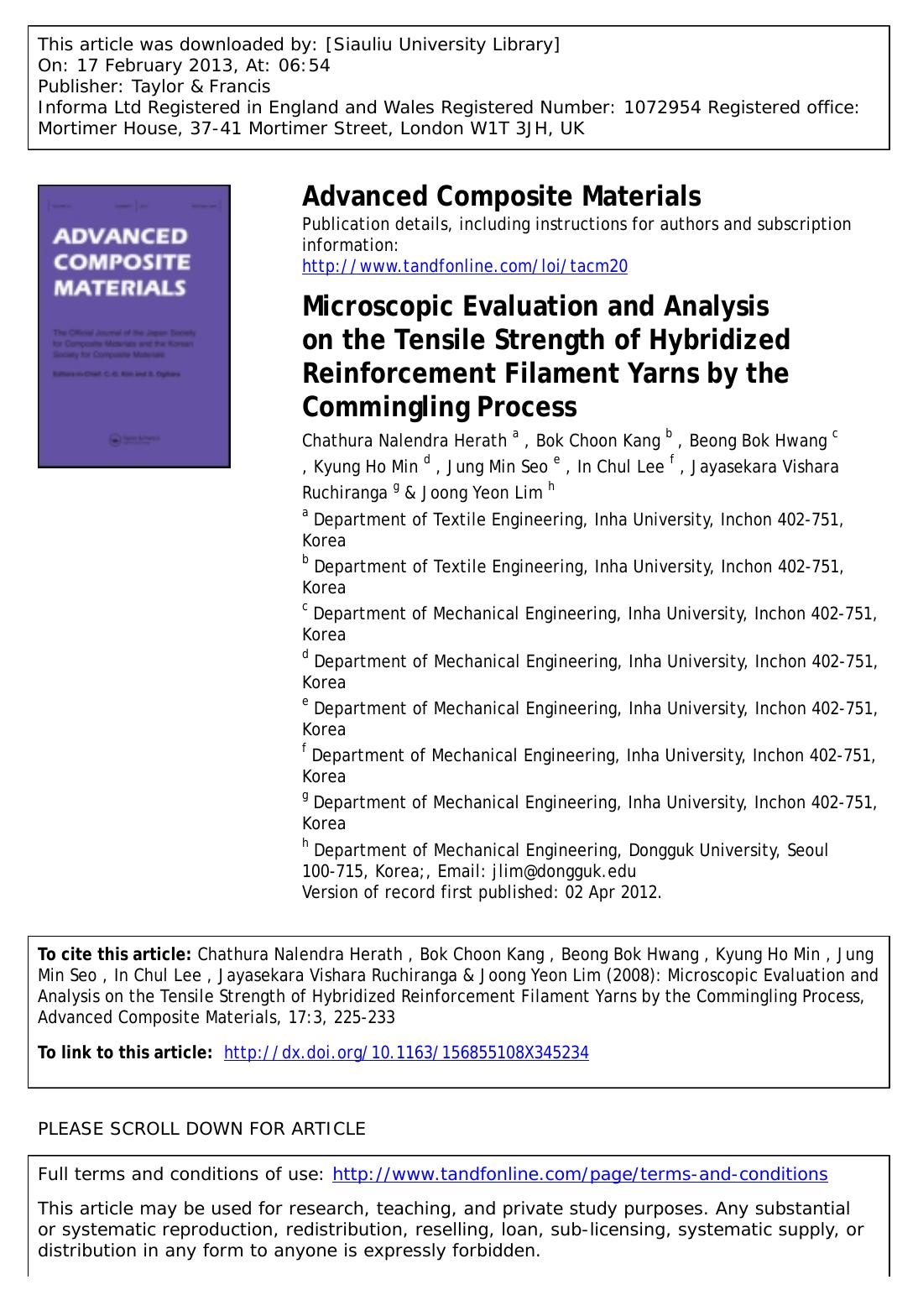 Microscopic Evaluation and Analysis on the Tensile Strength of Hybridized Reinforcement Filament Yarns by the Commingling Process by unknow
