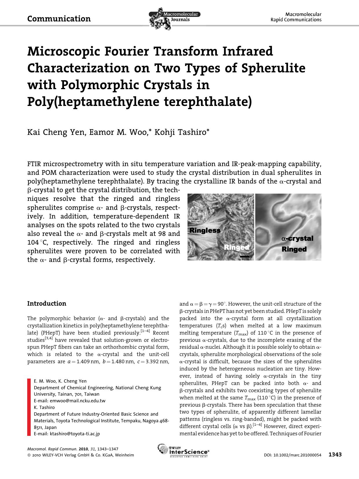 Microscopic Fourier Transform Infrared Characterization on Two Types of Spherulite with Polymorphic Crystals in Poly(heptamethylene terephthalate) by Unknown