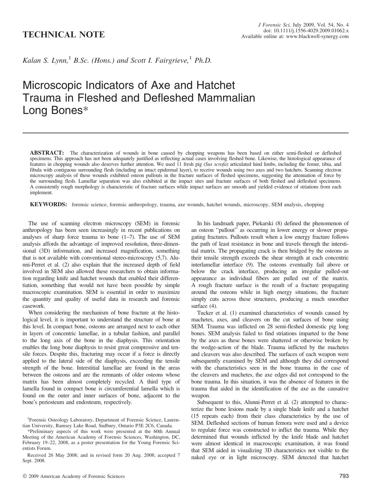 Microscopic Indicators of Axe and Hatchet Trauma in Fleshed and Defleshed Mammalian Long Bones* by Unknown