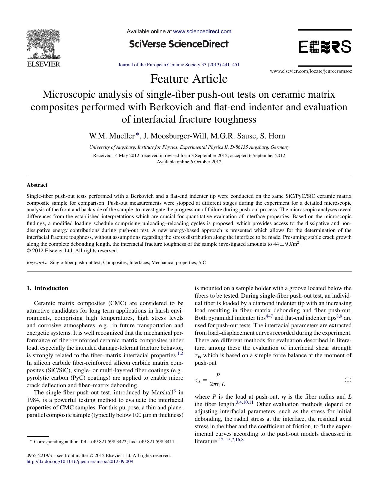 Microscopic analysis of single-fiber push-out tests on ceramic matrix composites performed with Berkovich and flat-end indenter and evaluation of interfacial fracture toughness by W.M. Mueller