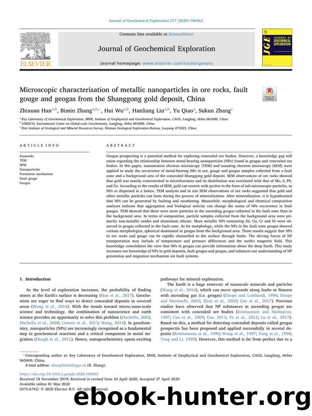 Microscopic characterisation of metallic nanoparticles in ore rocks, fault gouge and geogas from the Shanggong gold deposit, China by Zhixuan Han & Bimin Zhang & Hui Wu & Hanliang Liu & Yu Qiao & Sukun Zhang