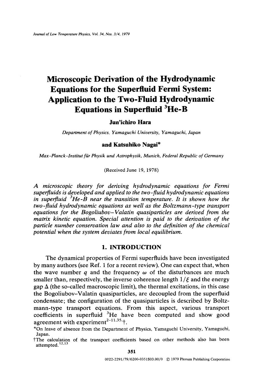 Microscopic derivation of the hydrodynamic equations for the superfluid Fermi system: Application to the two-fluid hydrodynamic equations in superfluid <Superscript>3<Superscript>He-B by Unknown