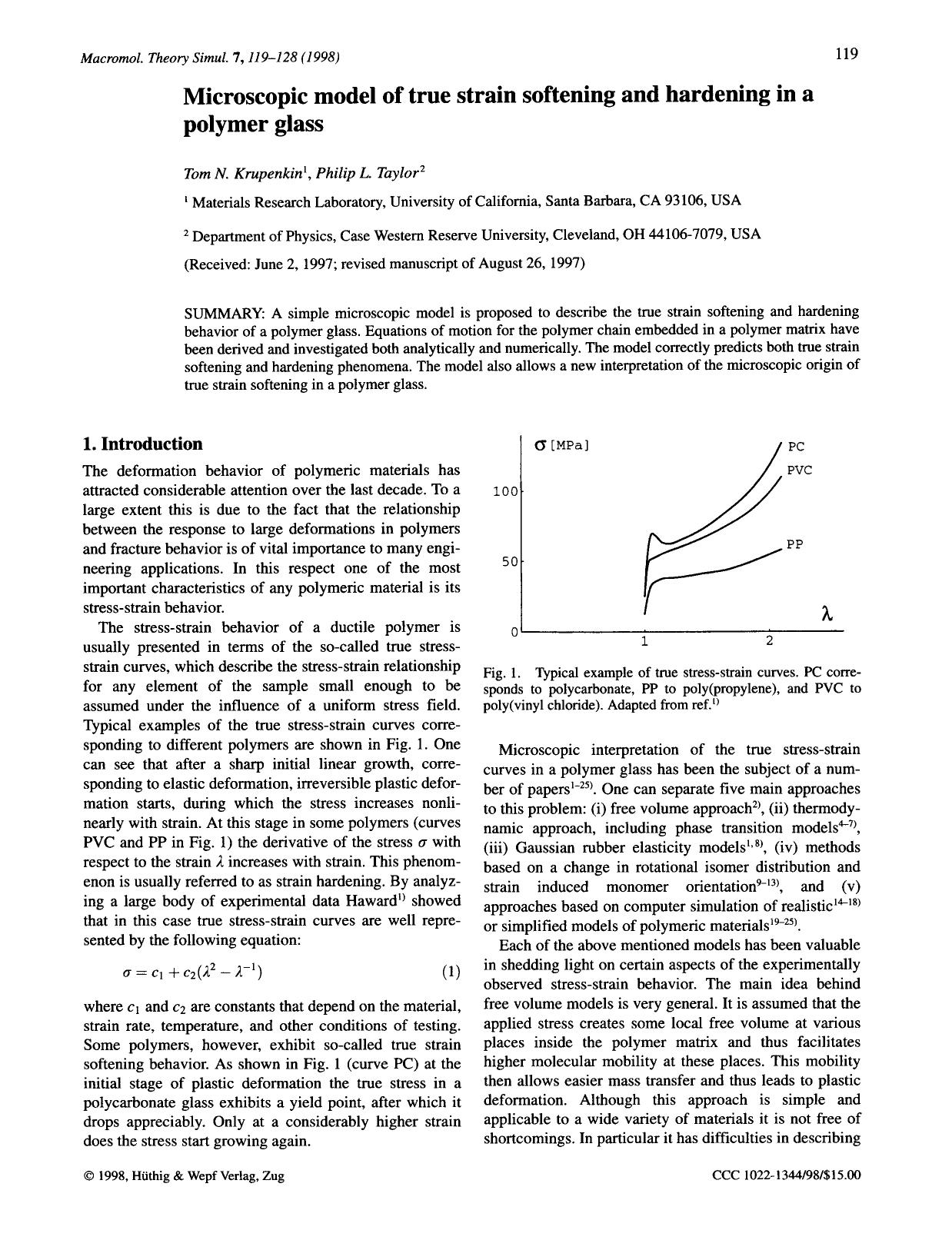 Microscopic model of true strain softening and hardening in a polymer glass by Unknown