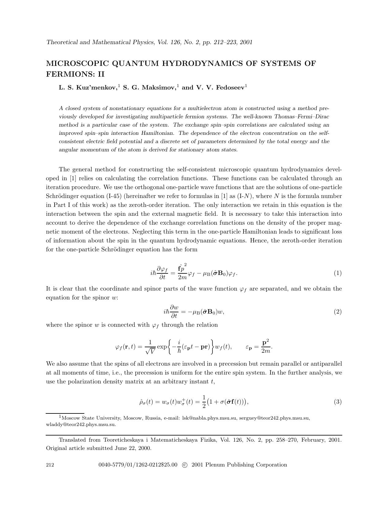 Microscopic quantum hydrodynamics of systems of fermions: II by Unknown