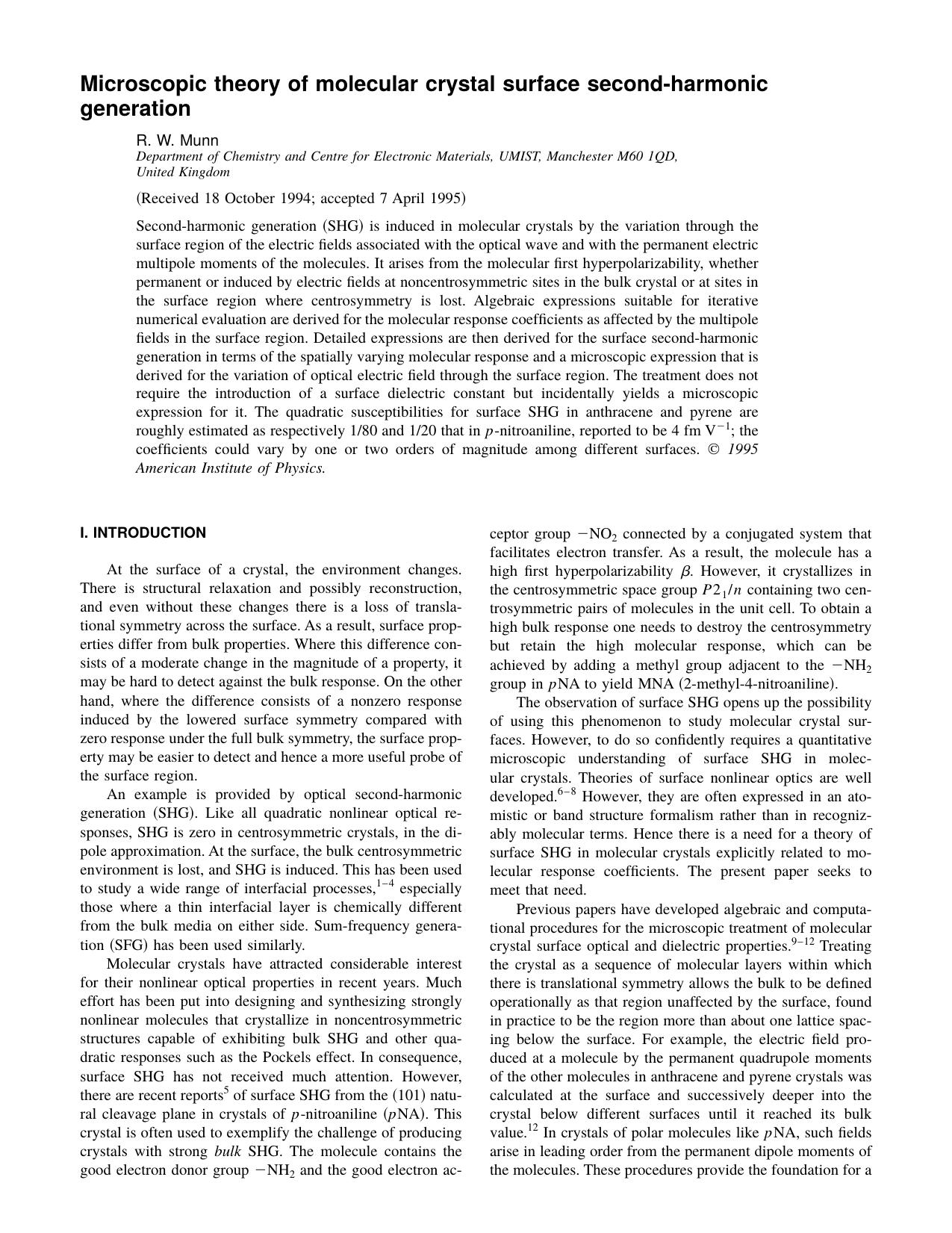 Microscopic theory of molecular crystal surface second-harmonic generation by R. W. Munn