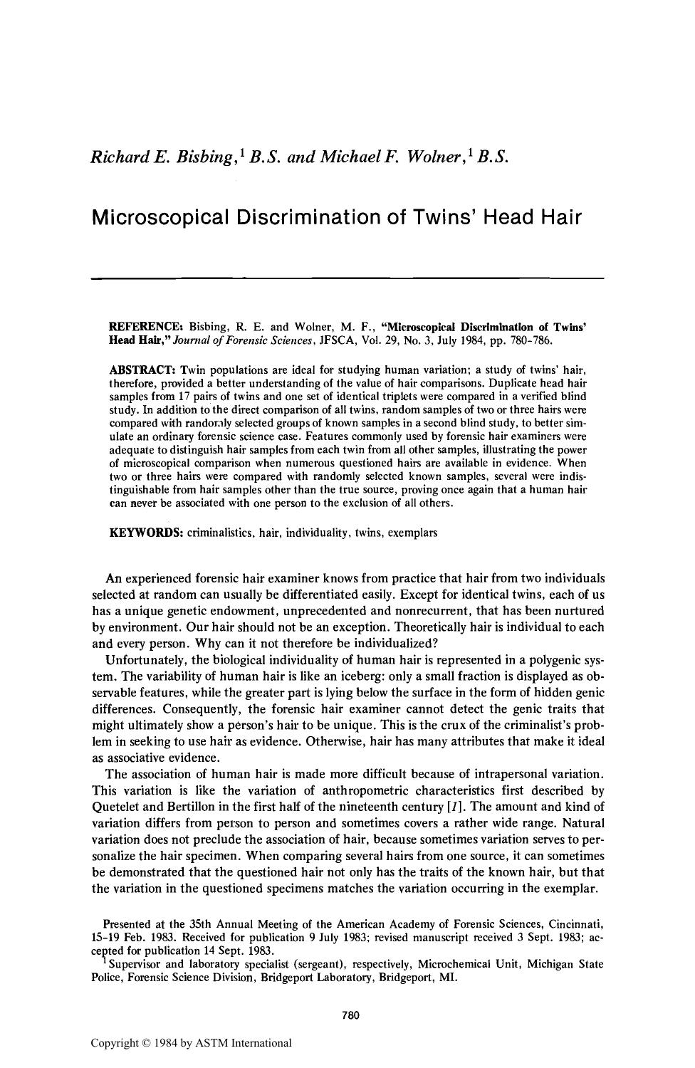 Microscopical Discrimination of Twins' Head Hair by Bisbing RE Wolner MF