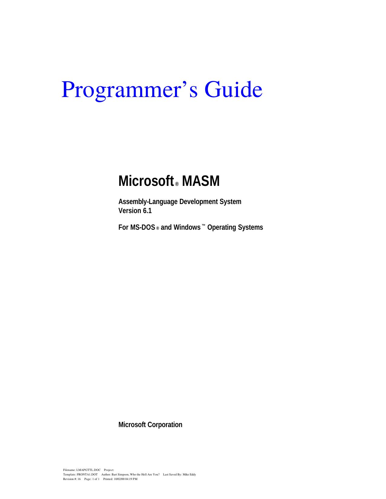 Microsoft Â® MASM Assembly-Language Development System Version 6.1 For MS-DOS Â® and Windows â¢ Operating Systems by coll