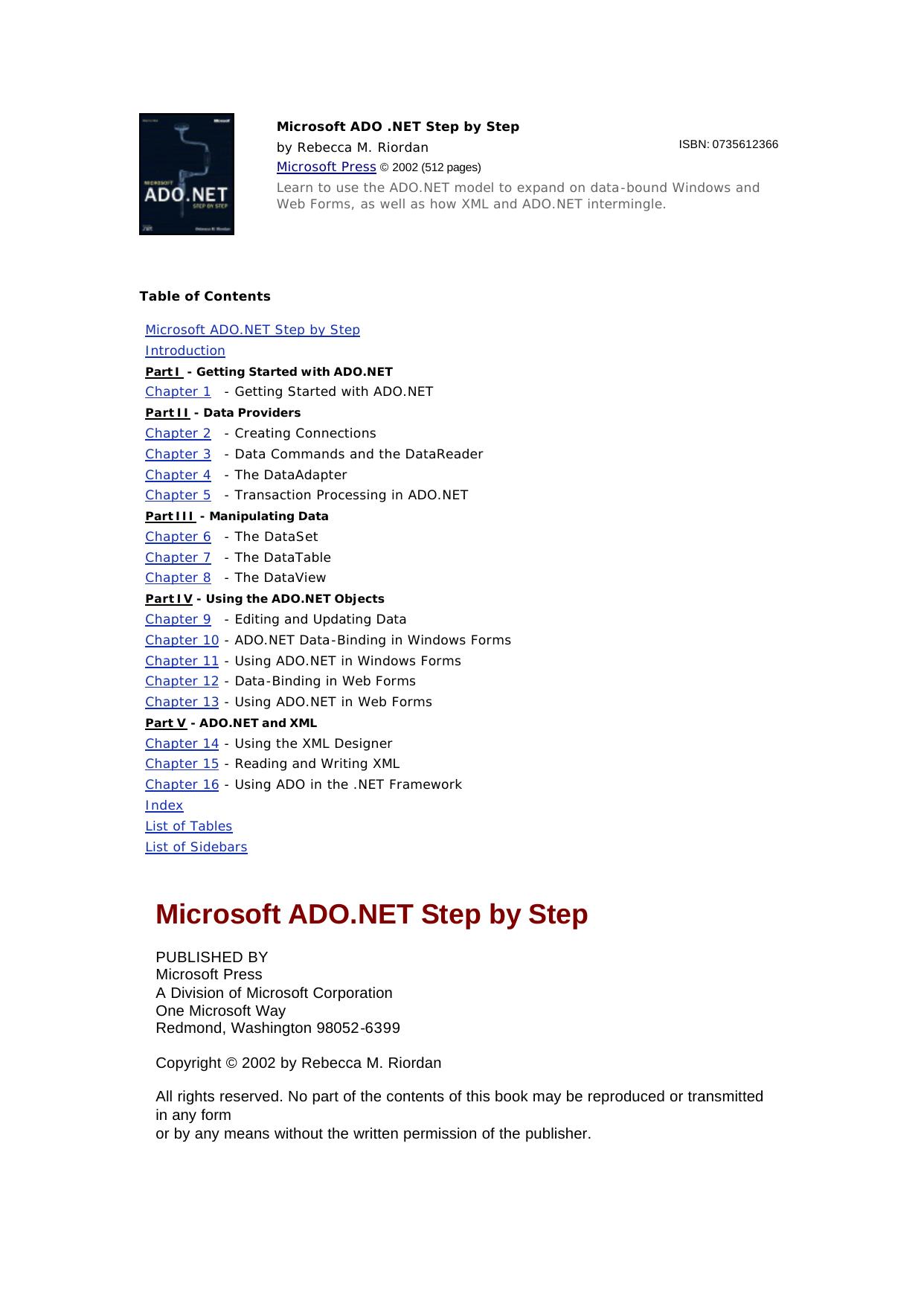 Microsoft ADO.NET Step by Step by Rebecca M. Riordan