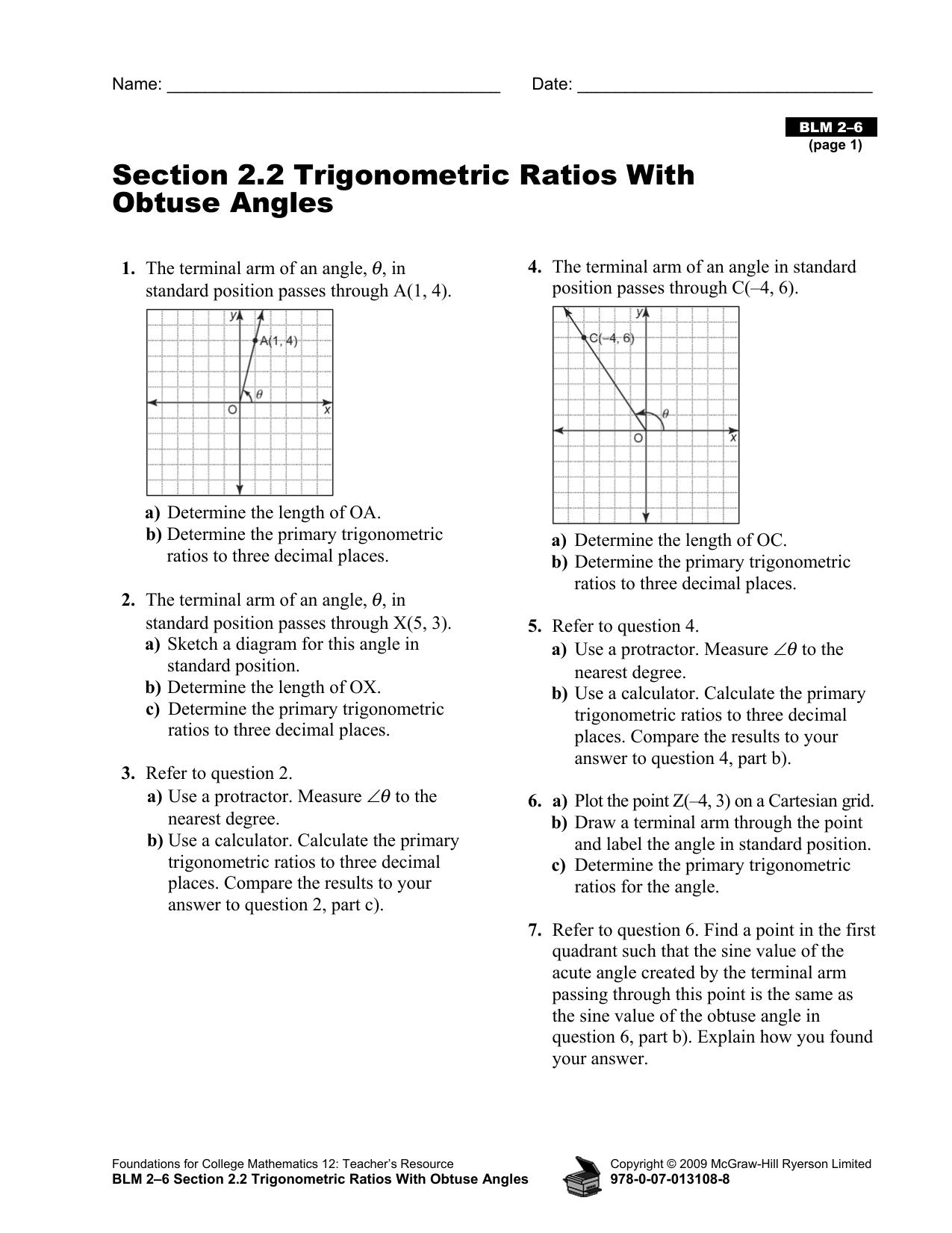 Microsoft Word - BLM 2Å06 Section 2.2 Trigonometric Ratios With Obtuse Angles.doc by kavyashree