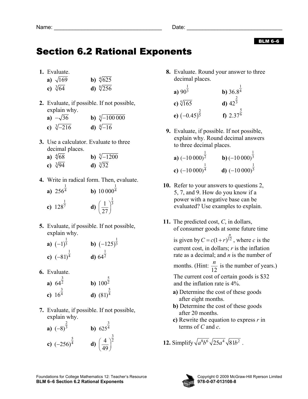 Microsoft Word - BLM 6Å06 Section 6.2 Rational Exponents.doc by kavyashree