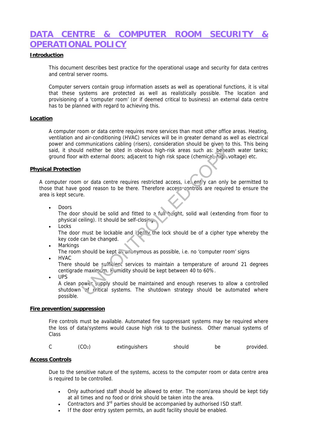 Microsoft Word - Central Server Room Security & Operational Policy by katrus