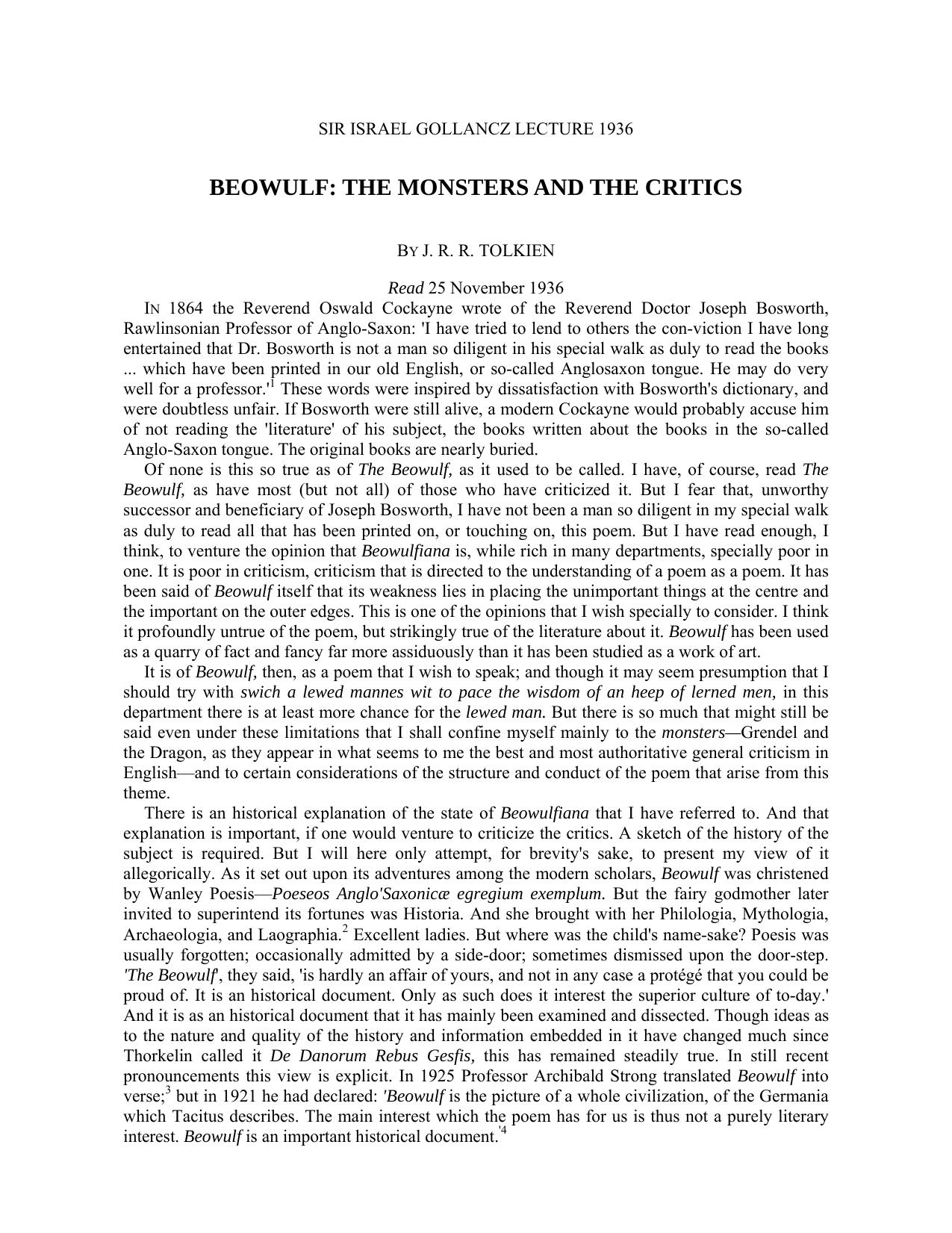 Microsoft Word - JRR Tolkien - Beowulf, The Monsters and The Critics by Princess Delilah