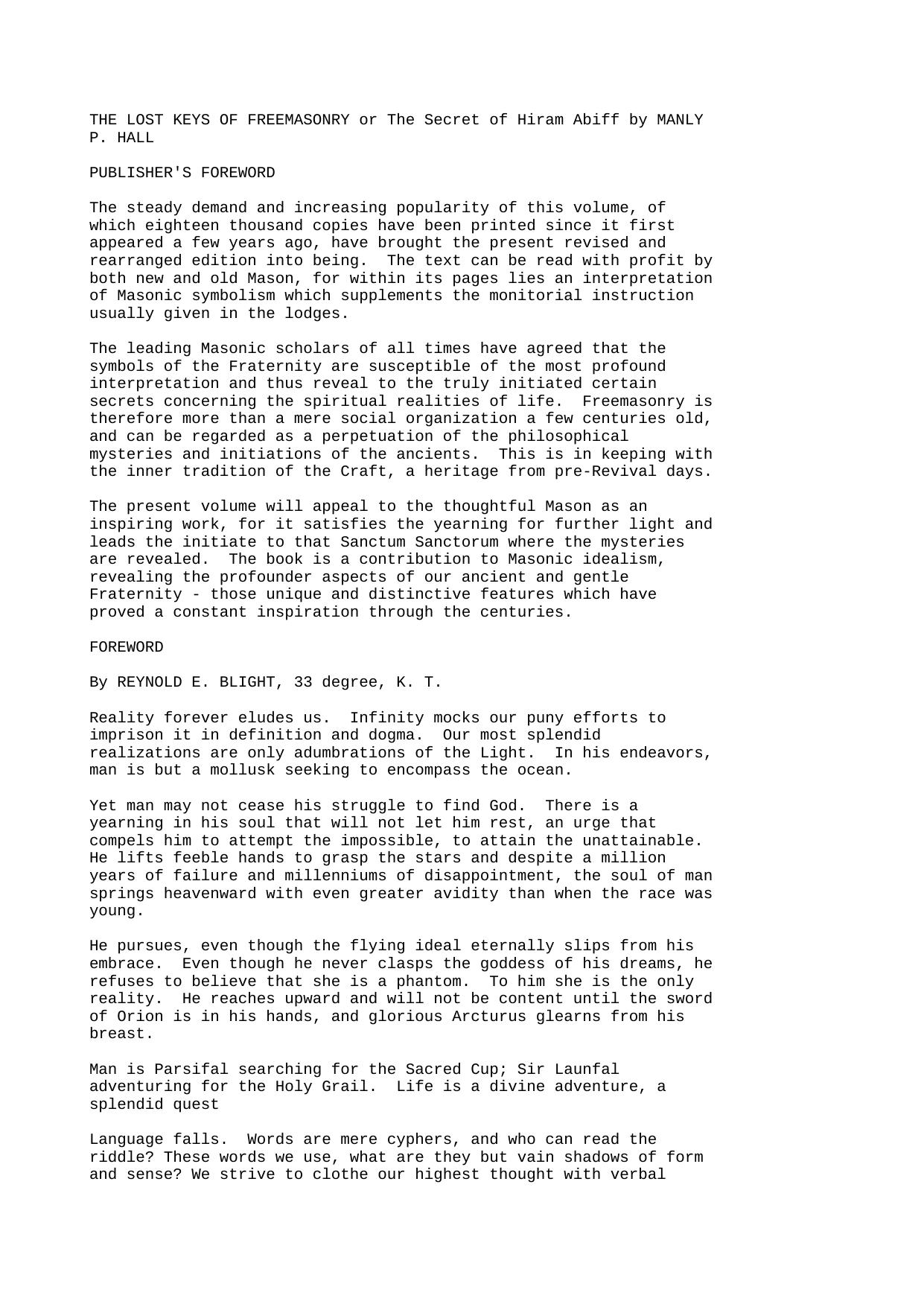 Microsoft Word - Manly P Hall - The Lost Keys of Freemasonry or The Secret of Hiram Abiff.txt by The Lost Keys of Freemasonry or The Secret of Hiram Abiff