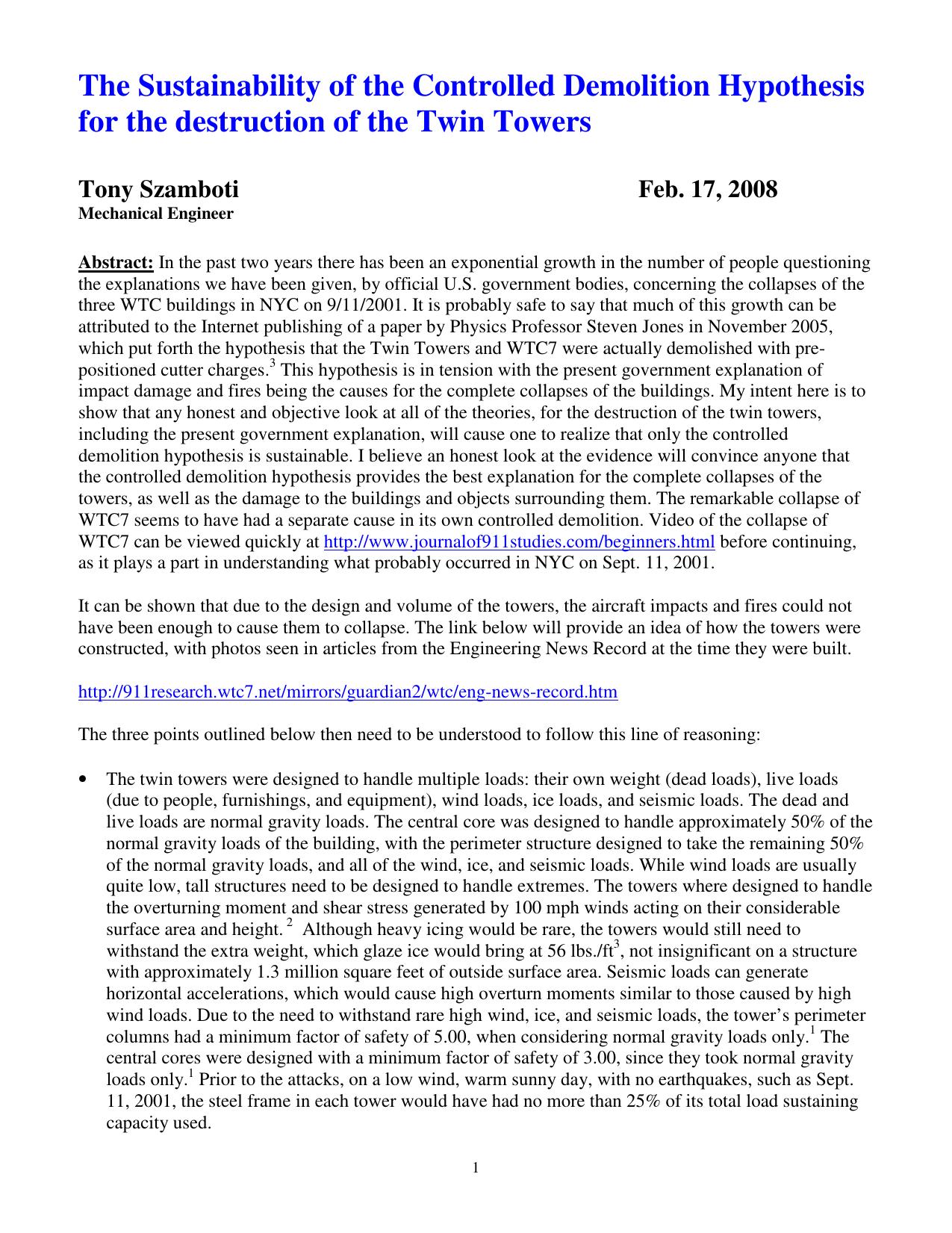 Microsoft Word - The Sustainability of the Controlled Demolition Hypothesis for the destruction of the Twin Towers _updated_.do by sejones