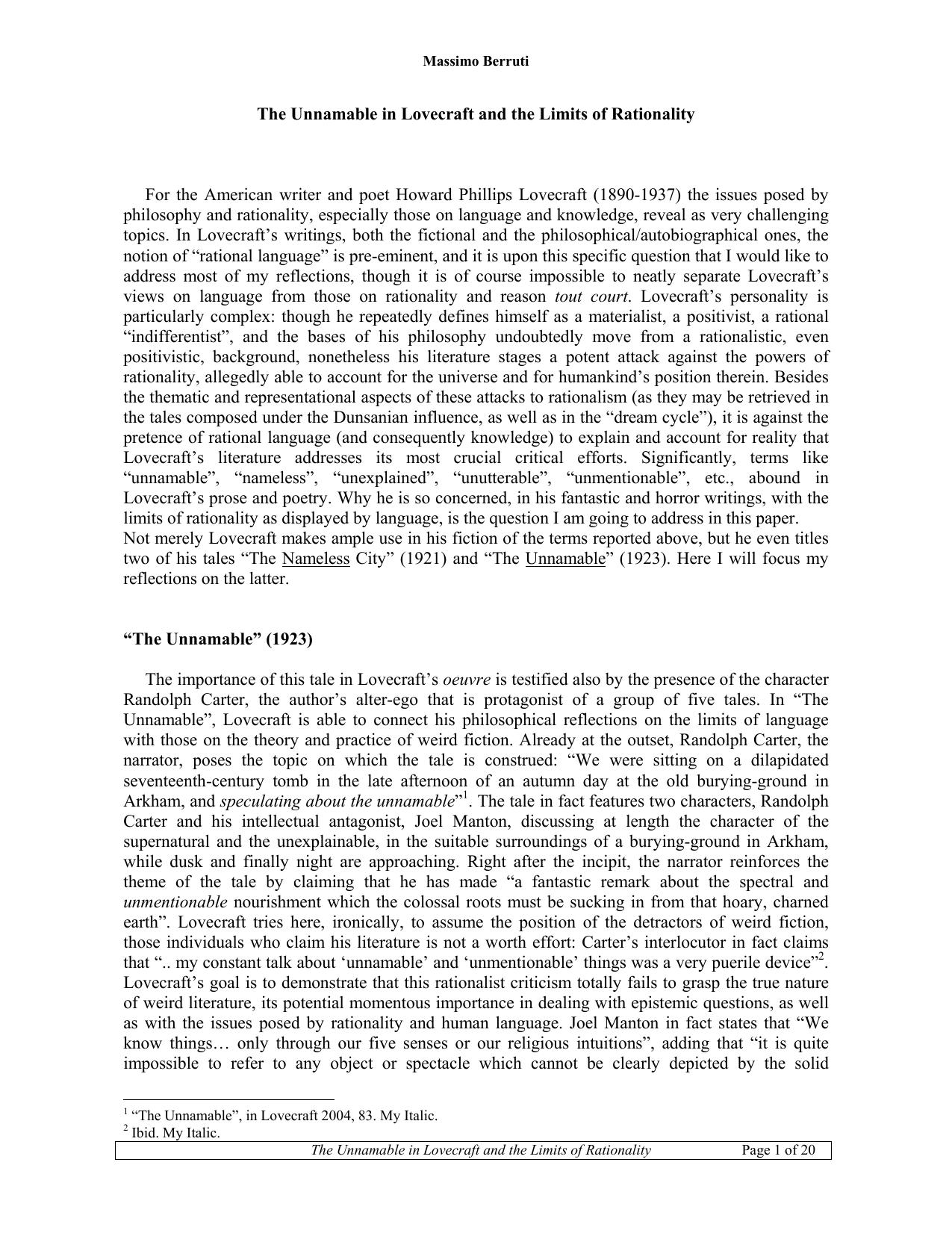 Microsoft Word - The Unnamable in Lovecraft and the Limits of Rationality.dâ by Administrator