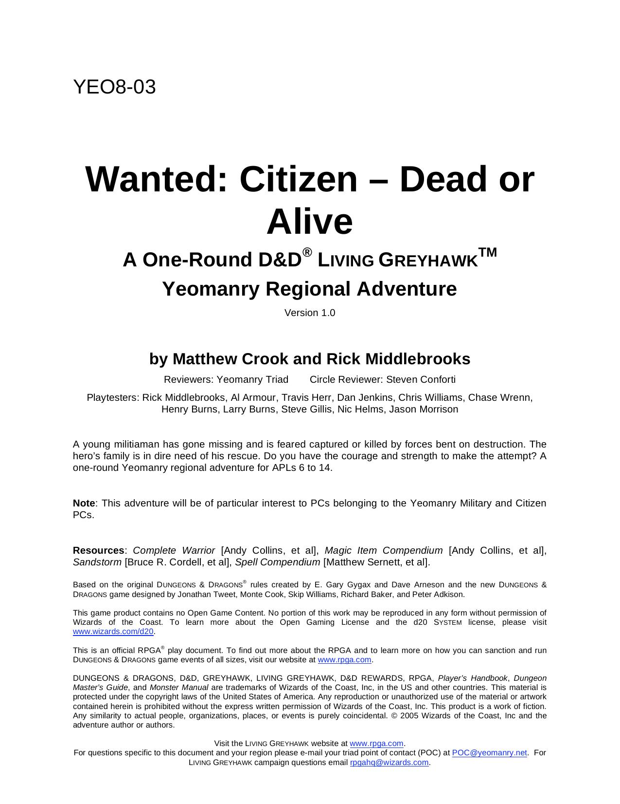 Microsoft Word - YEO8-03 Wanted - Citizen - Dead or Alive v1.0.doc by tech
