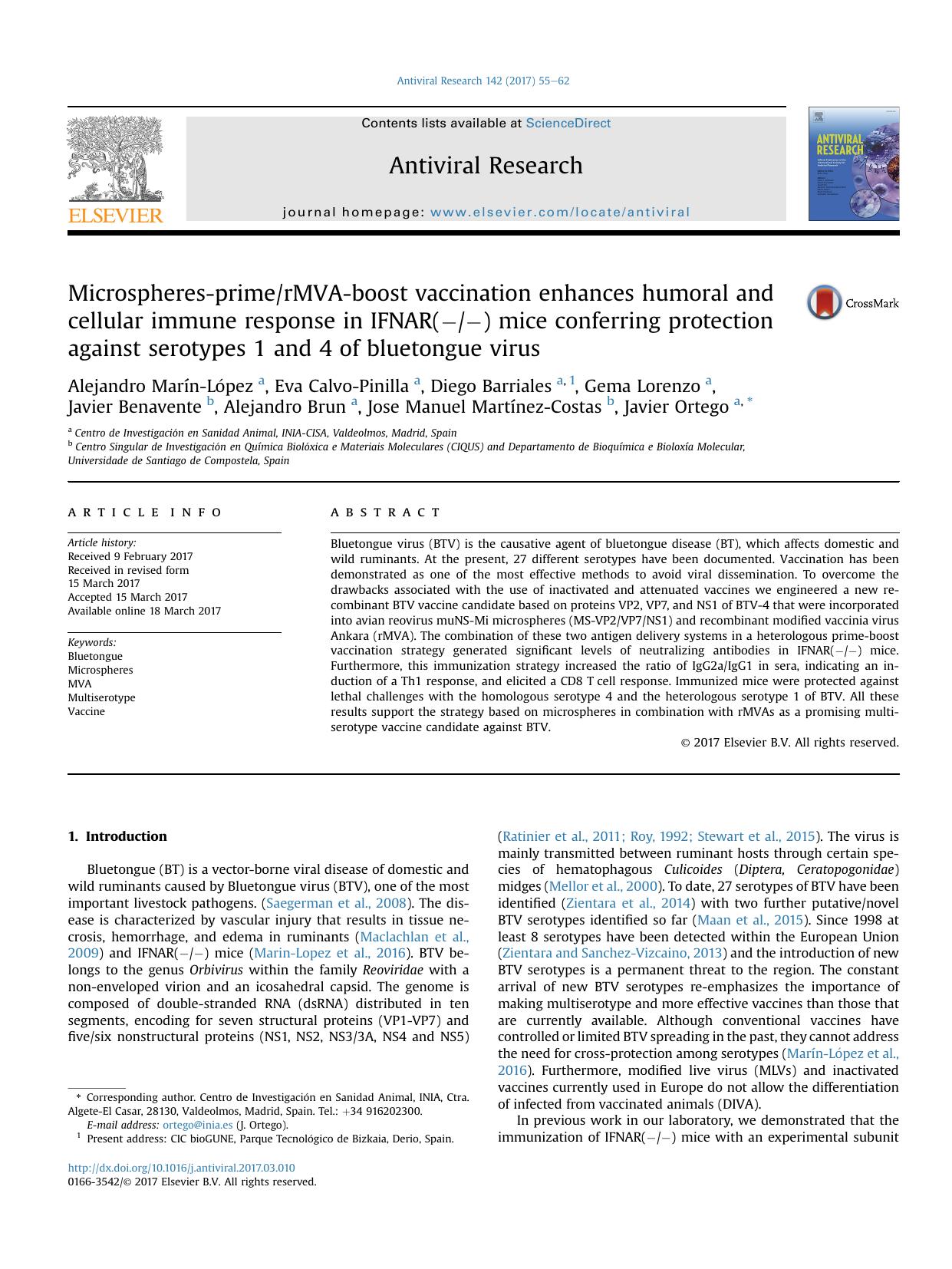 Microspheres-primerMVA-boost vaccination enhances humoral and cellular immune response in IFNAR(--) mice conferring protection against serotypes 1 and 4 of bluetongue virus by unknow