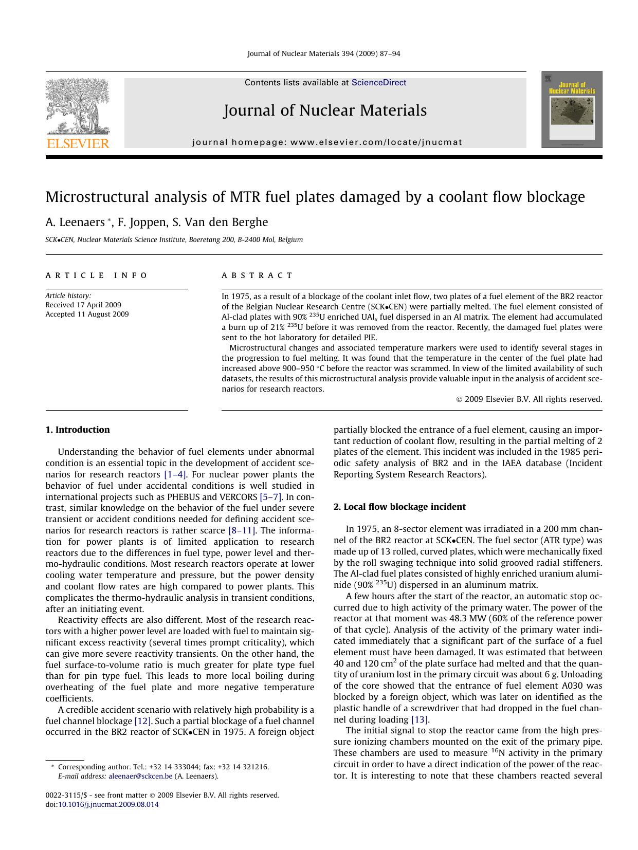 Microstructural analysis of MTR fuel plates damaged by a coolant flow blockage by A. Leenaers; F. Joppen; S. Van den Berghe