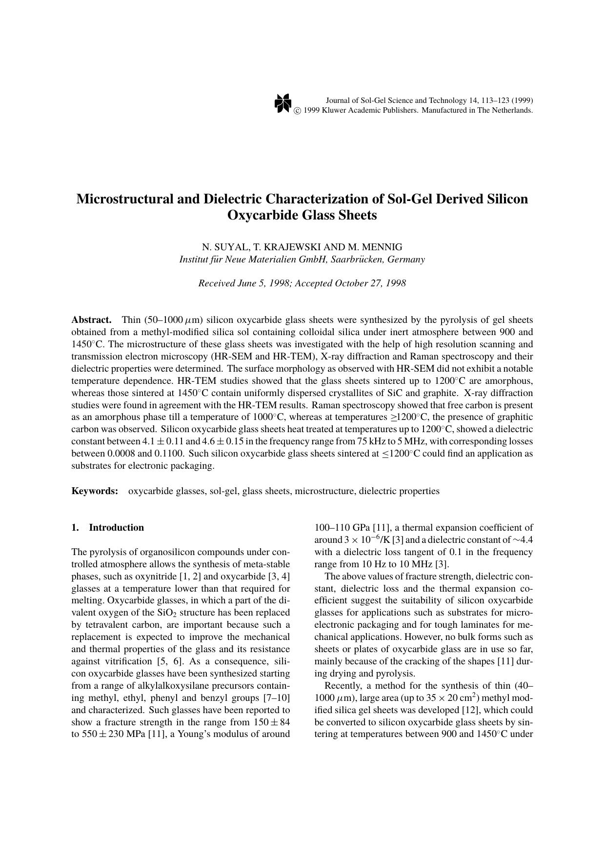 Microstructural and Dielectric Characterization of Sol-Gel Derived Silicon Oxycarbide Glass Sheets by Unknown