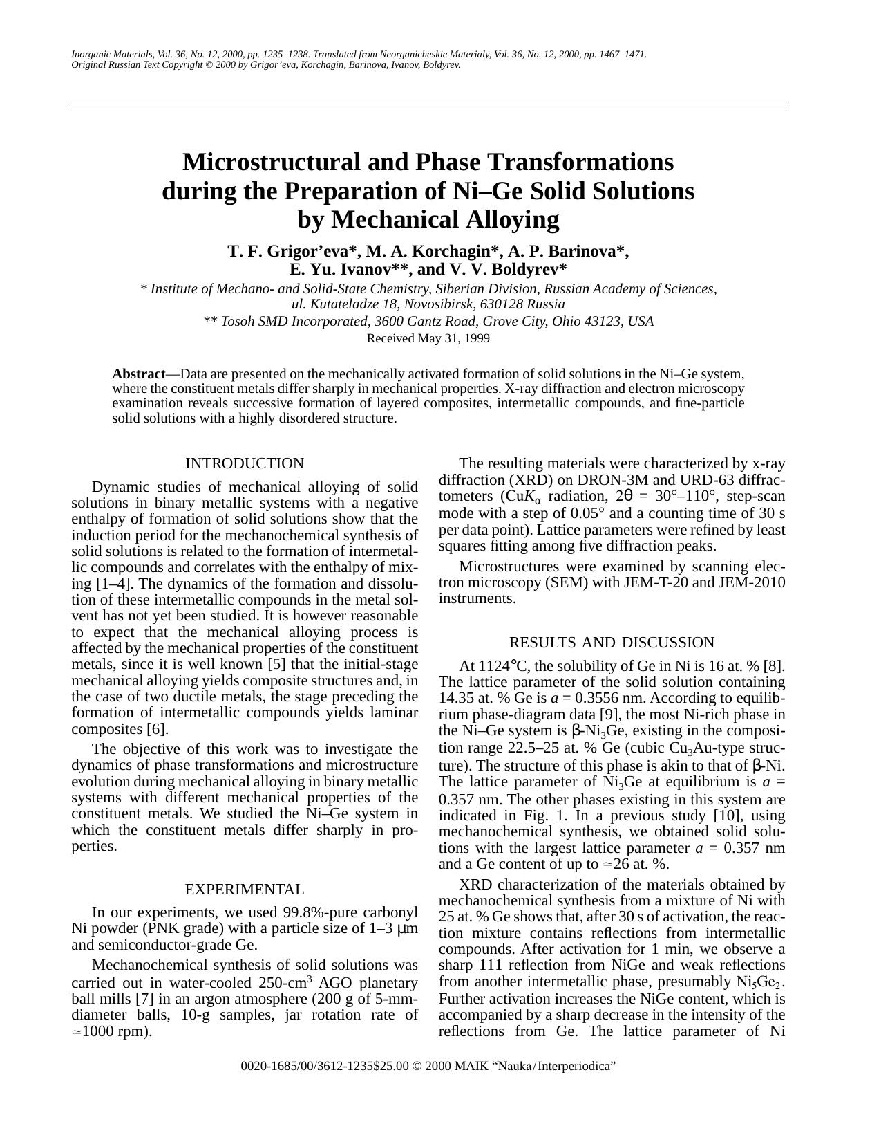 Microstructural and Phase Transformations during the Preparation of Ni–Ge Solid Solutions by Mechanical Alloying by Unknown