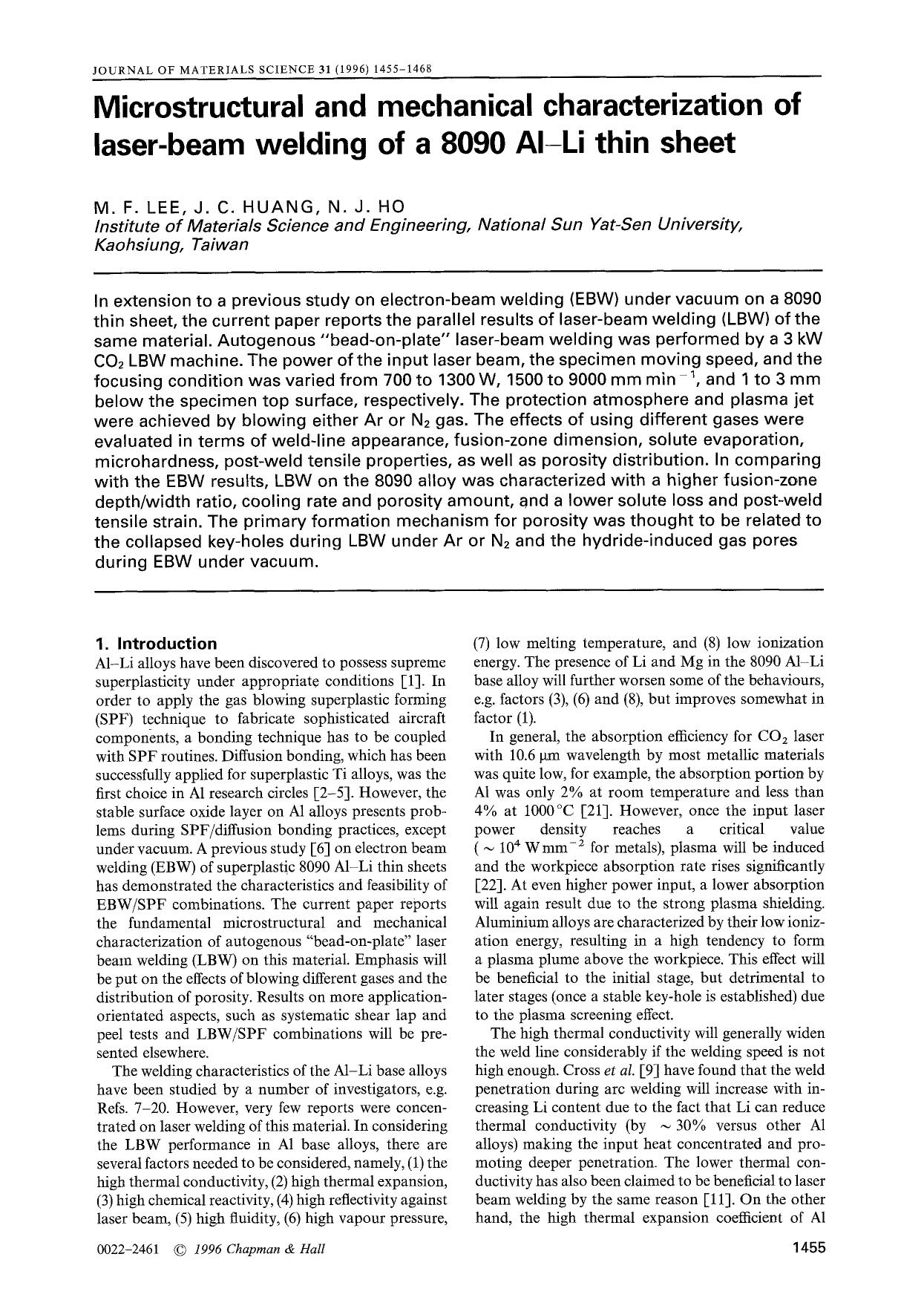 Microstructural and mechanical characterization of laser-beam welding of a 8090 Al-Li thin sheet by Unknown