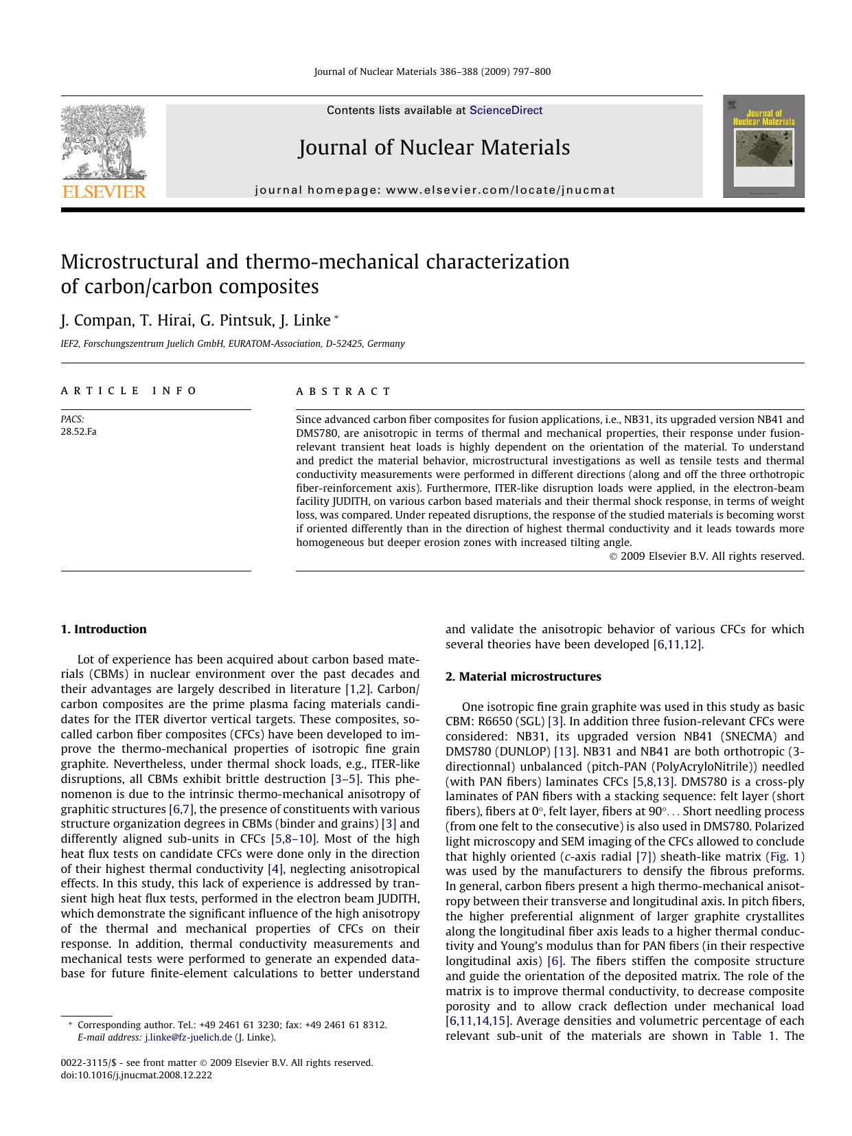 Microstructural and thermo-mechanical characterization of carboncarbon composites by J. Compan; T. Hirai; G. Pintsuk; J. Linke