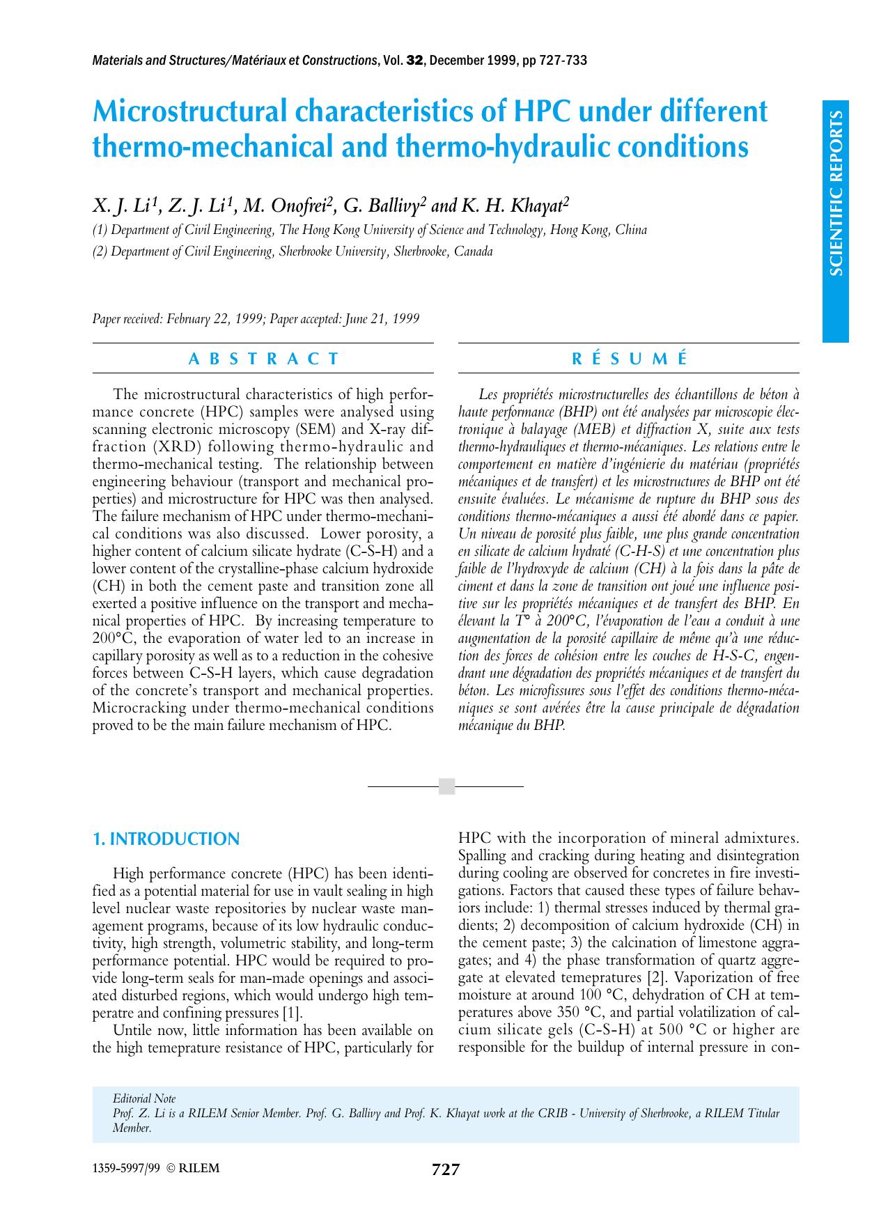 Microstructural characteristics of HPC under different thermo-mechanical and thermo-hydraulic conditions by Unknown