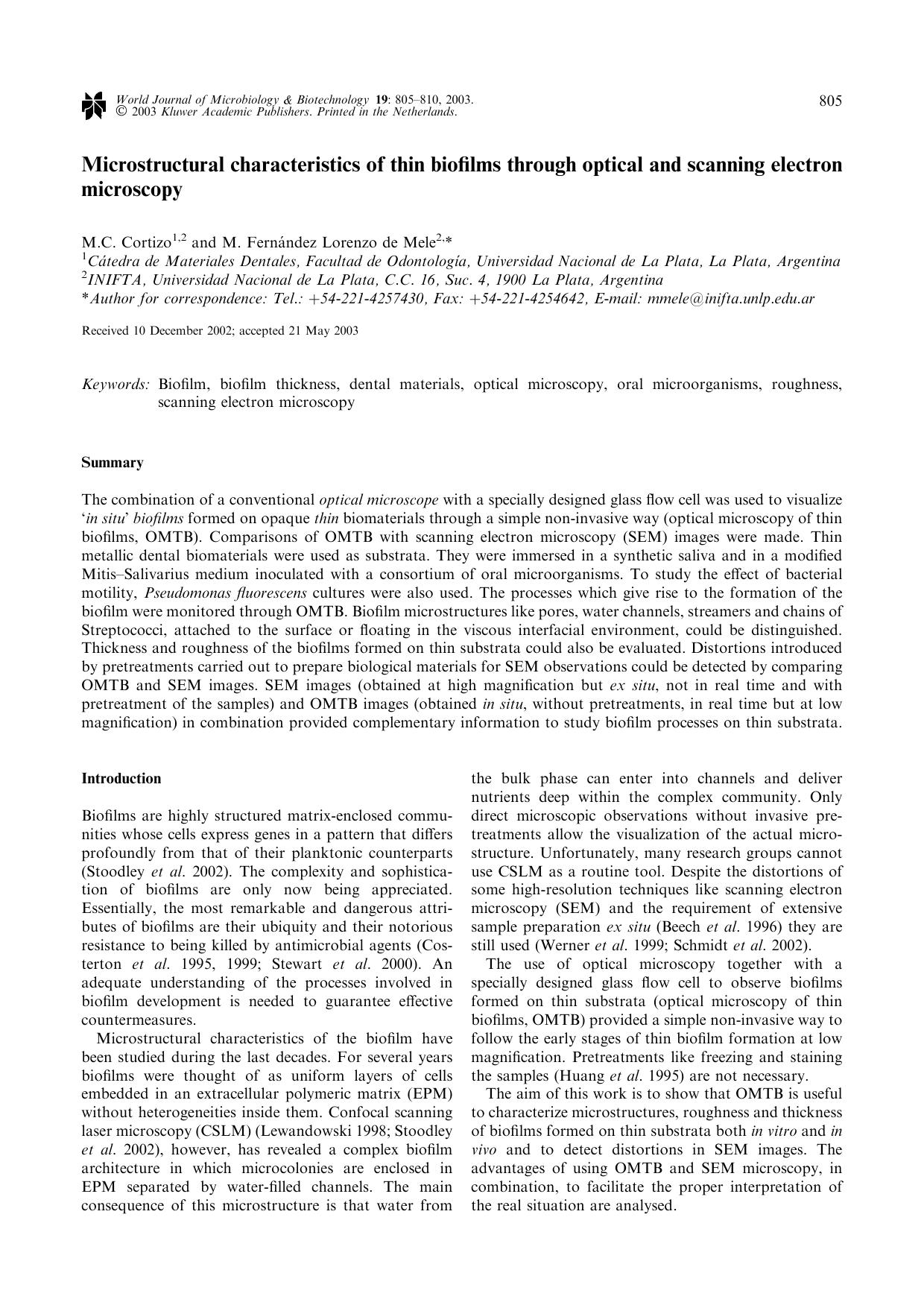 Microstructural characteristics of thin biofilms through optical and scanning electron microscopy by Unknown