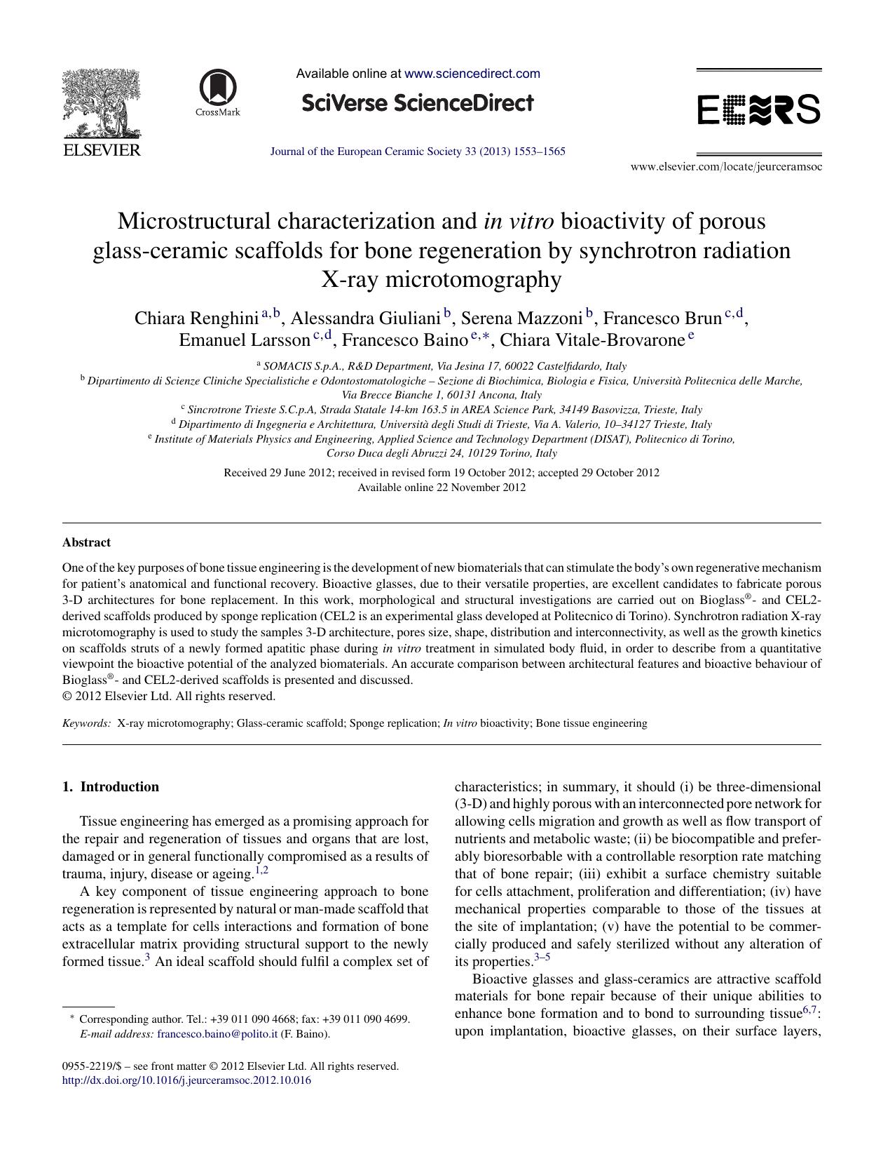 Microstructural characterization and in vitro bioactivity of porous glass-ceramic scaffolds for bone regeneration by synchrotron radiation X-ray microtomography by unknow