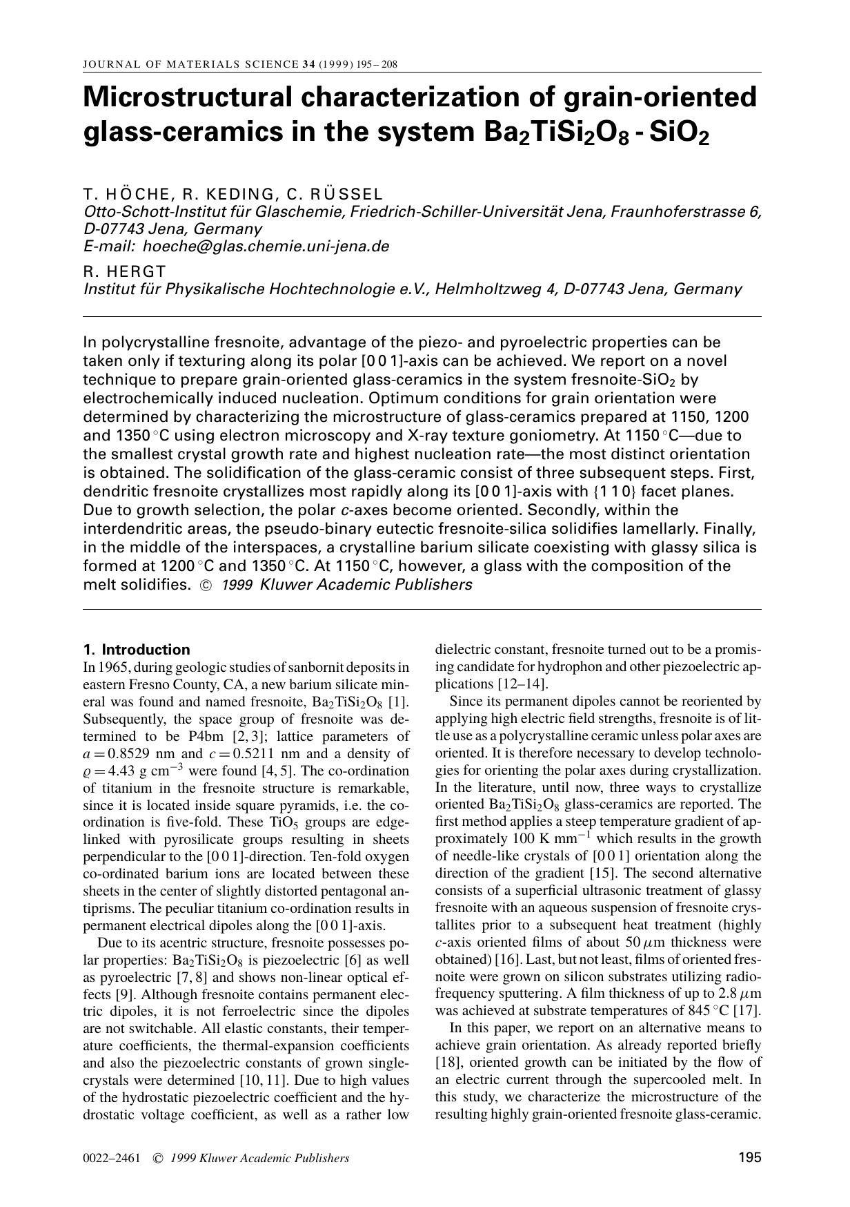 Microstructural characterization of grain-oriented glass-ceramics in the system Ba2 TiSi2O8-SiO2 by Unknown
