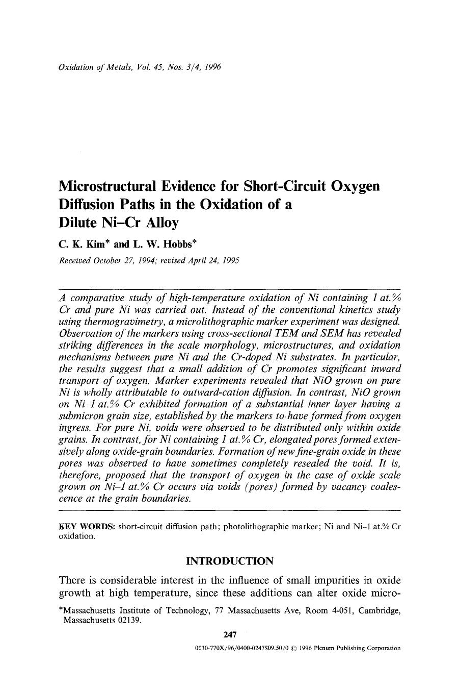 Microstructural evidence for short-circuit oxygen diffusion paths in the oxidation of a dilute Ni-Cr alloy by Unknown