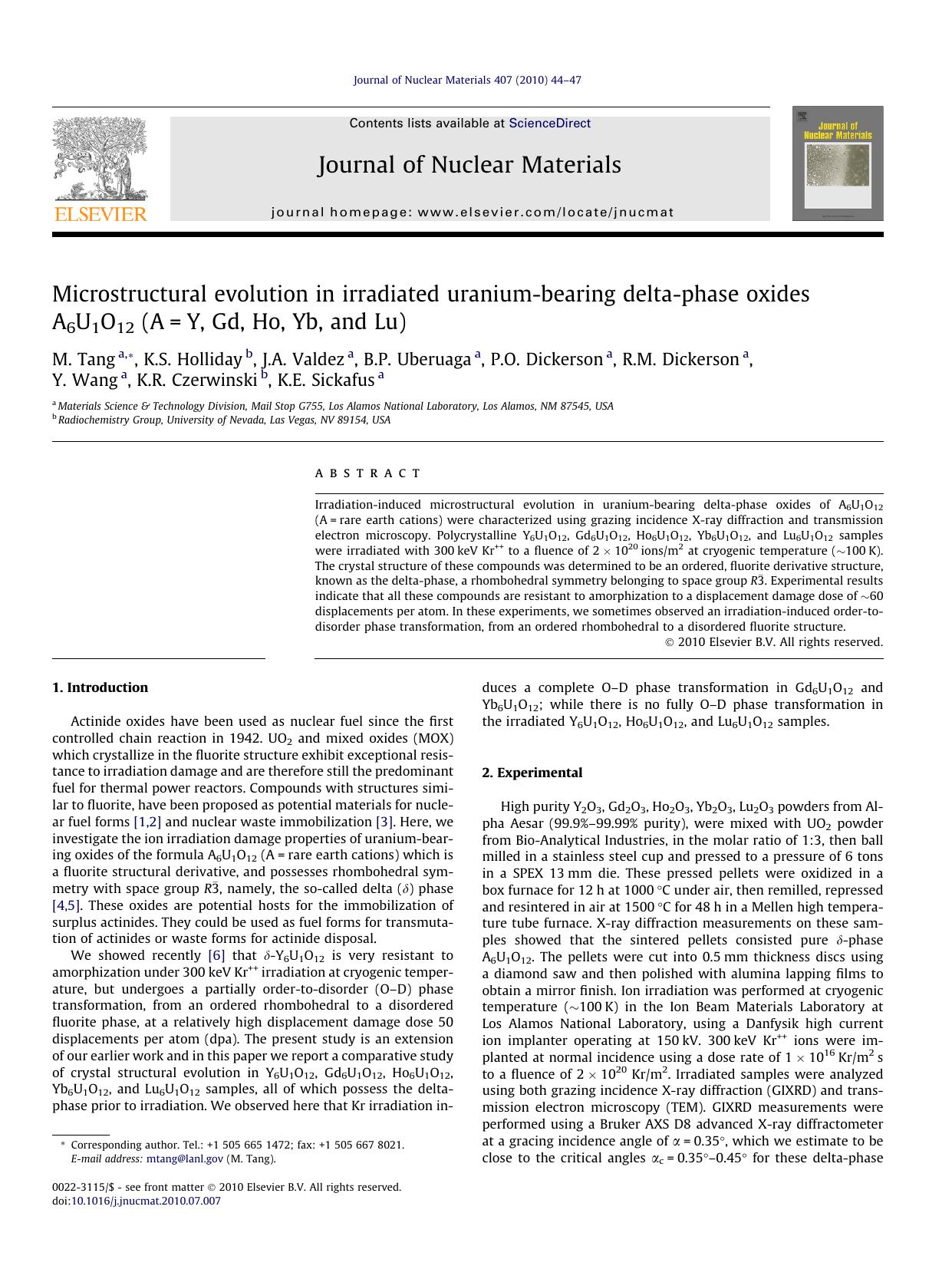 Microstructural evolution in irradiated uranium-bearing delta-phase oxides A6U1O12 (A=Y, Gd, Ho, Yb, and Lu) by unknow