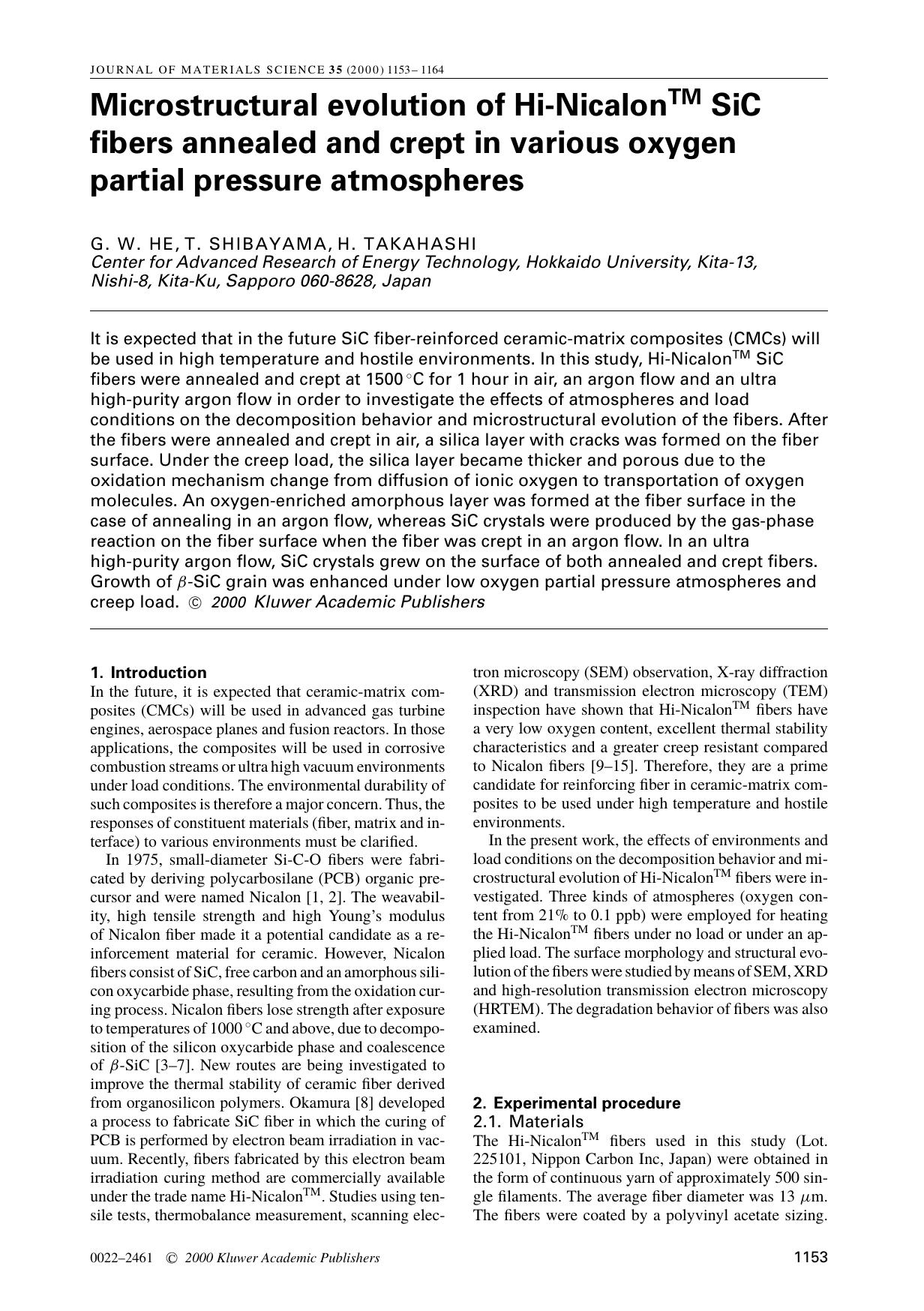 Microstructural evolution of Hi-NicalonTM SiC fibers annealed and crept in various oxygen partial pressure atmospheres by Unknown