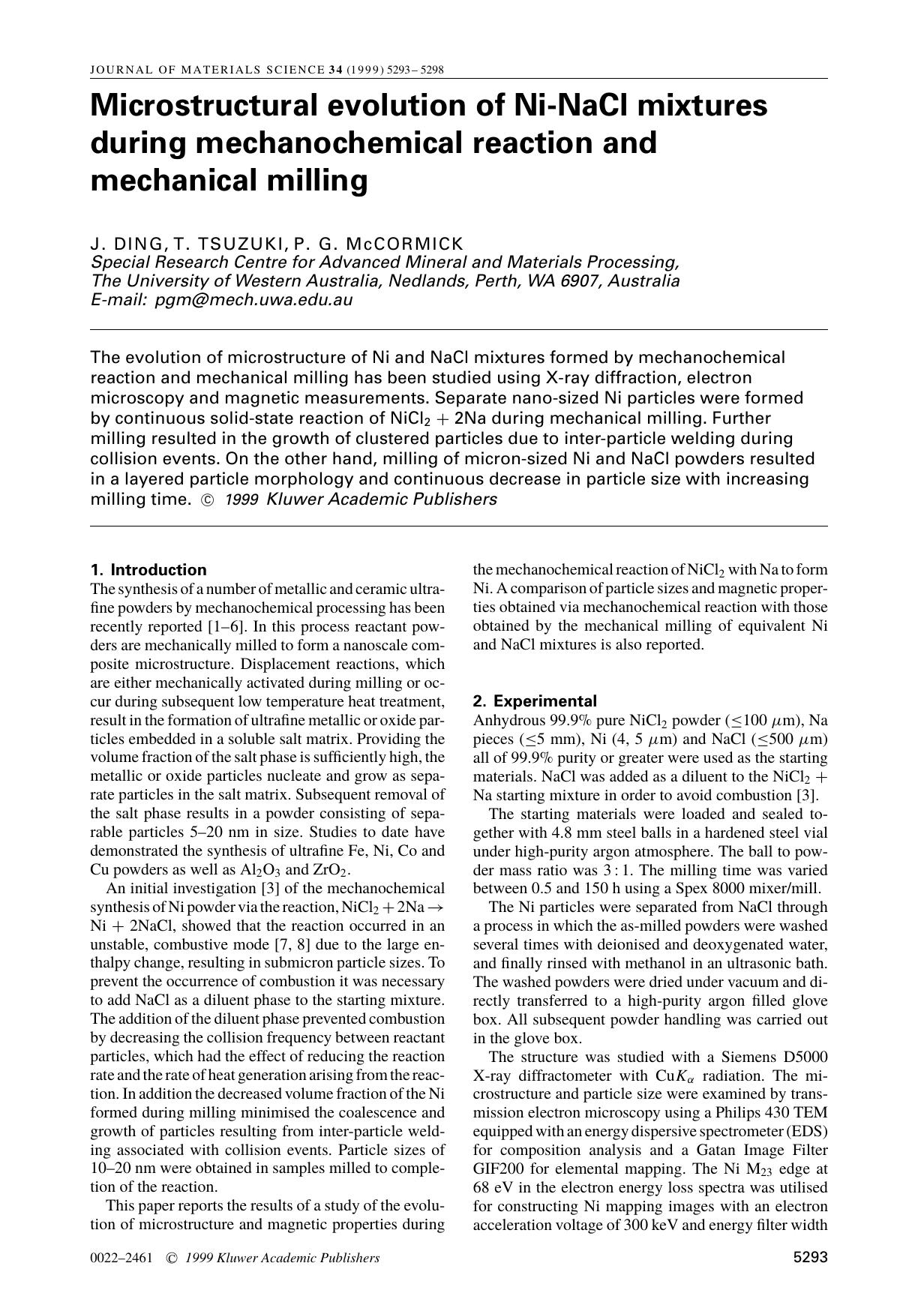 Microstructural evolution of Ni-NaCl mixtures during mechanochemical reaction and mechanical milling by Unknown