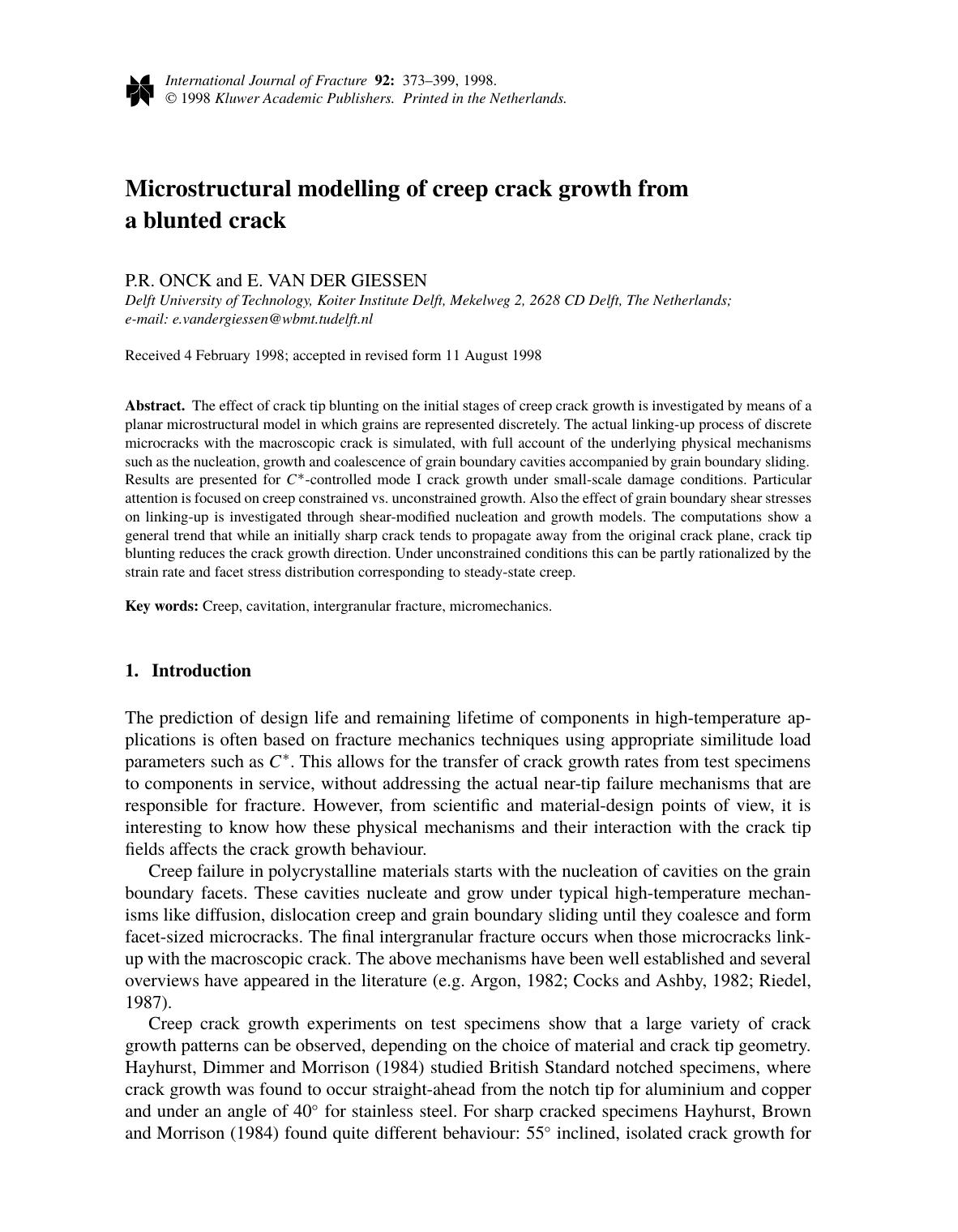 Microstructural modelling of creep crack growth from a blunted crack by Unknown