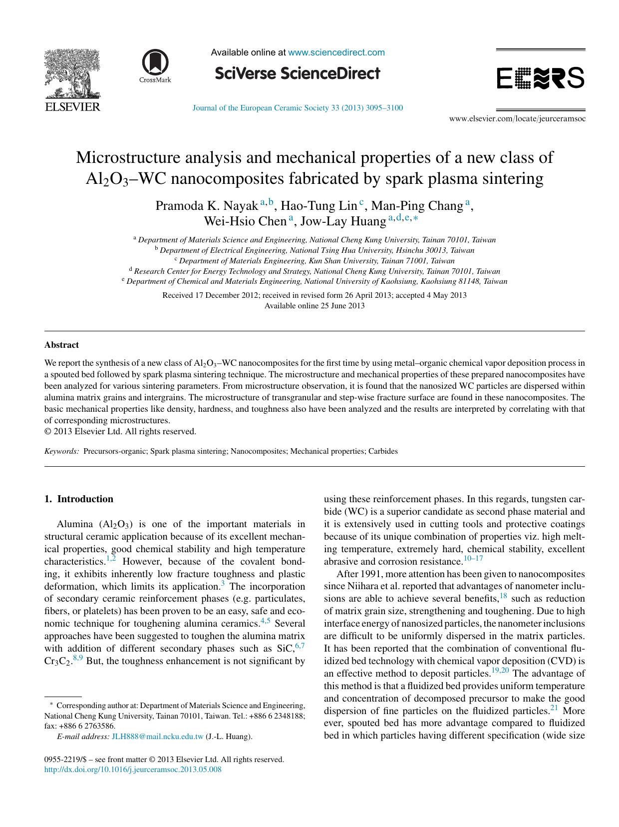 Microstructure analysis and mechanical properties of a new class of Al2O3âWC nanocomposites fabricated by spark plasma sintering by Pramoda K. Nayak