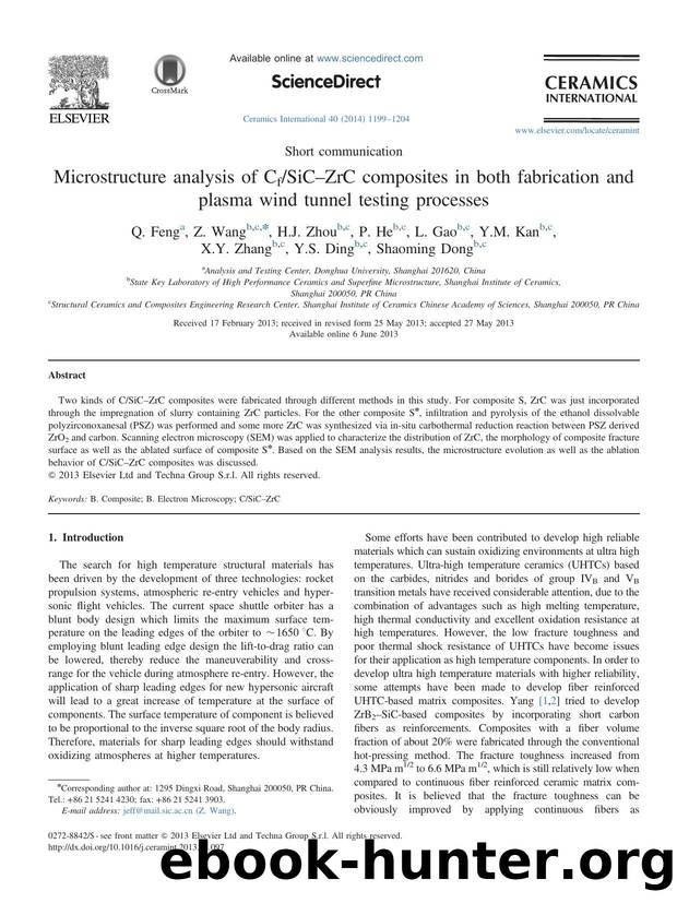 Microstructure analysis of CfSiCâZrC composites in both fabrication and plasma wind tunnel testing processes by Q. Feng & Z. Wang & H.J. Zhou & P. He & L. Gao & Y.M. Kan & X.Y. Zhang & Y.S. Ding & Shaoming Dong