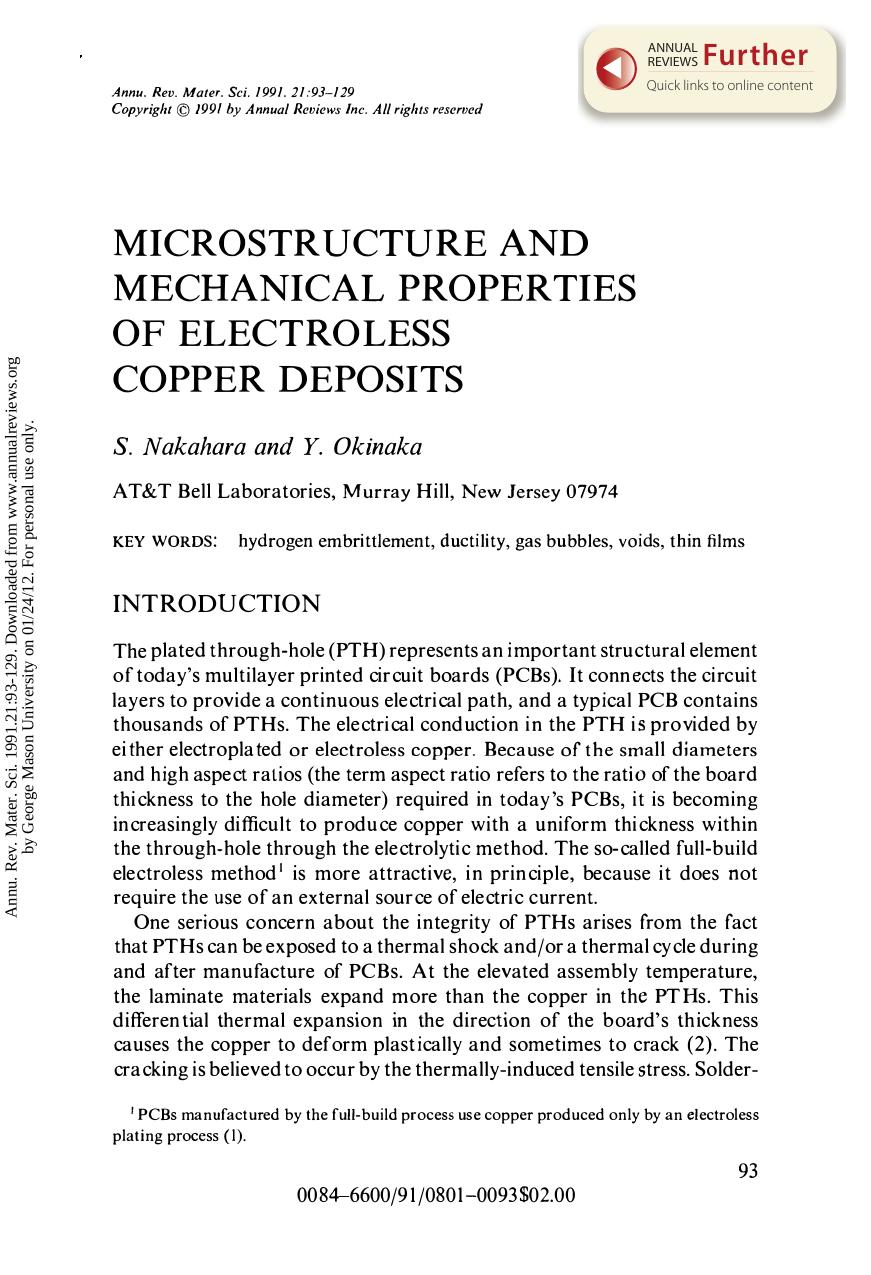 Microstructure and Mechanical Properties of Electroless Copper Deposits by S Nakahara & Y Okinaka