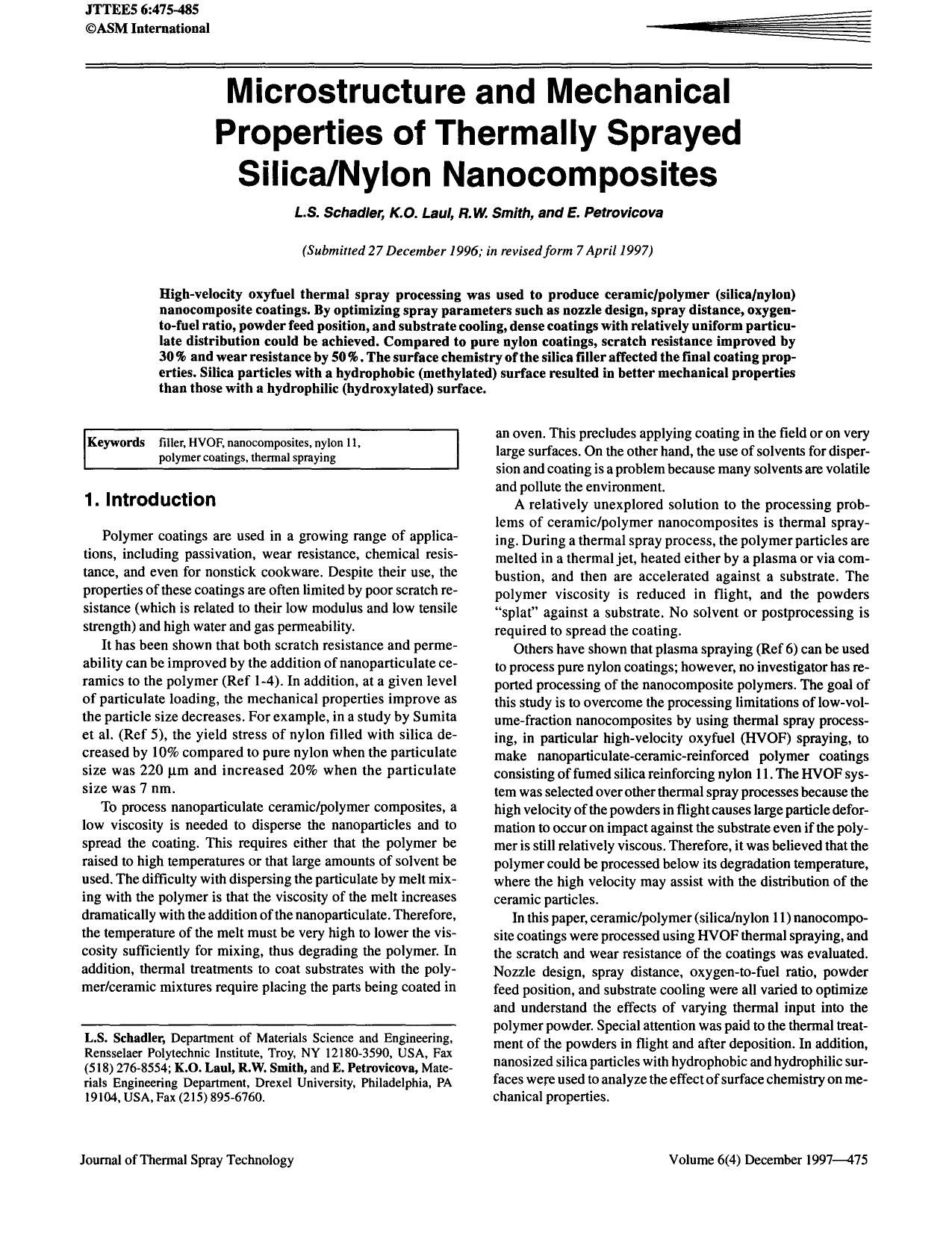 Microstructure and Mechanical Properties of Thermally sprayed silicanylon nanocomposites by Unknown