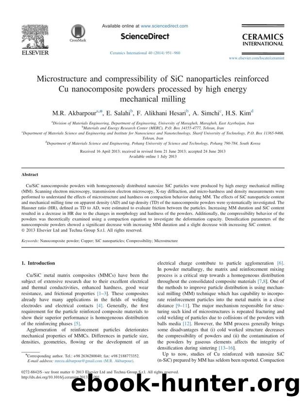 Microstructure and compressibility of SiC nanoparticles reinforced Cu nanocomposite powders processed by high energy mechanical milling by M.R. Akbarpour & E. Salahi & F. Alikhani Hesari & A. Simchi & H.S. Kim