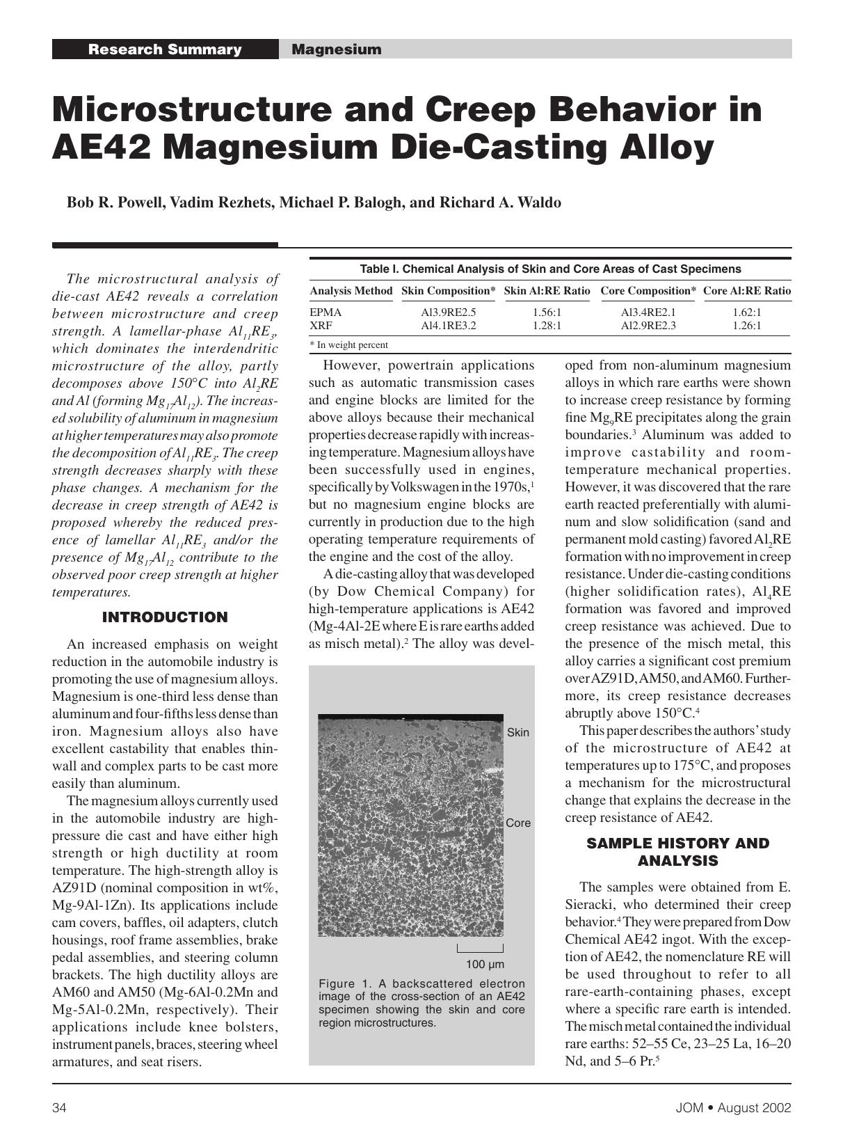 Microstructure and creep behavior in AE42 magnesium die-casting alloy by Unknown