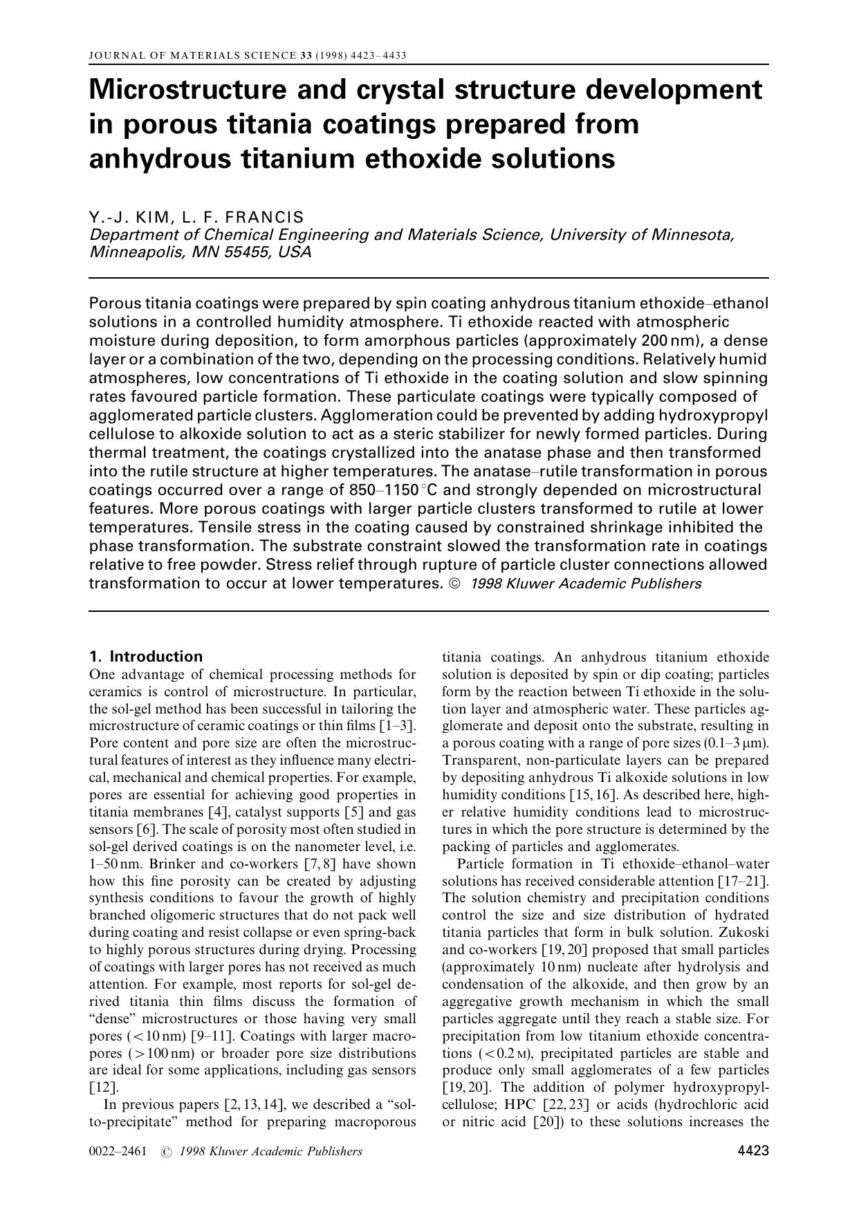 Microstructure and crystal structure development in porous titania coatings prepared from anhydrous titanium ethoxide solutions by Y. J. KIM L. F. FRANCIS