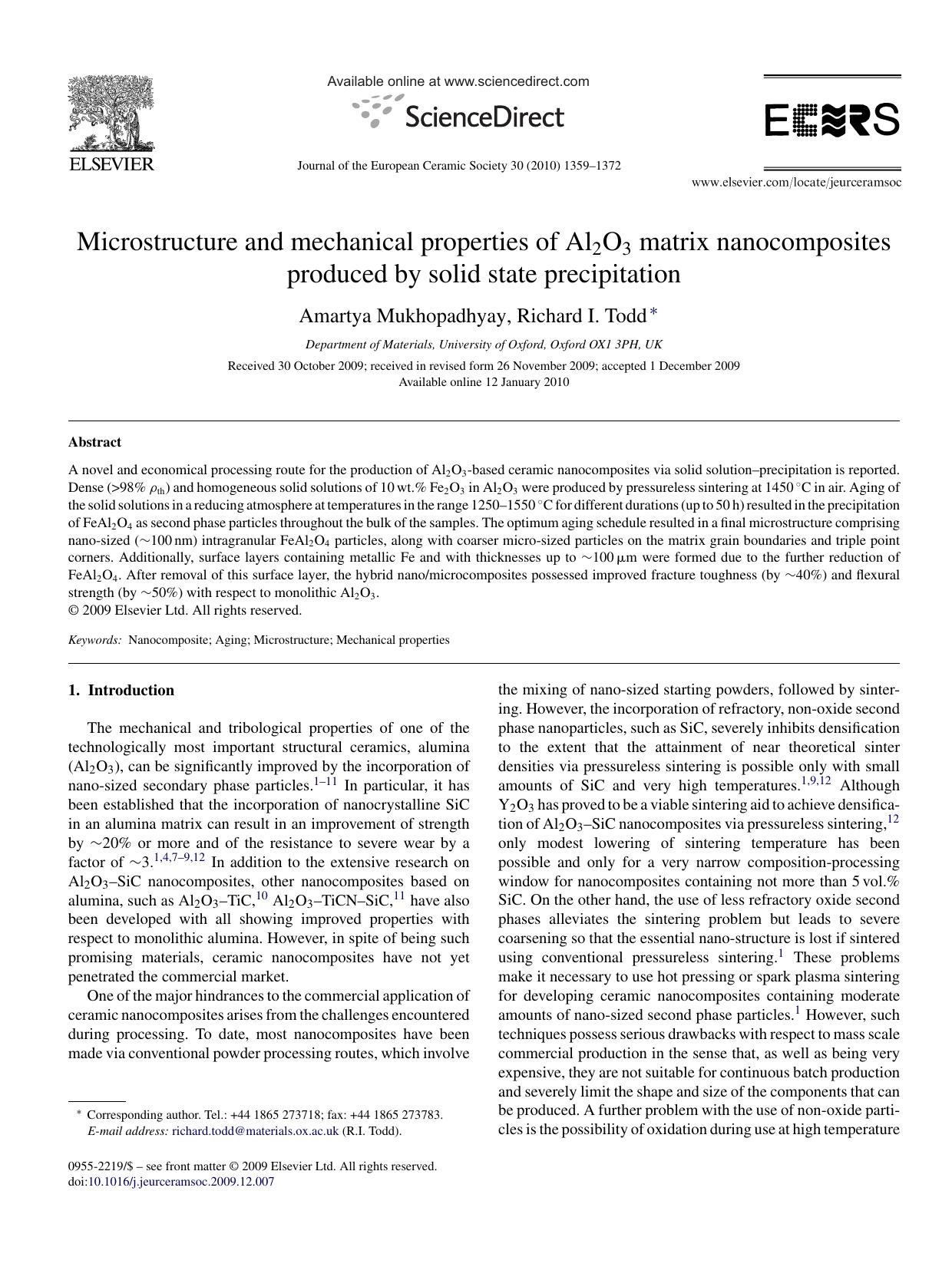 Microstructure and mechanical properties of Al2O3 matrix nanocomposites produced by solid state precipitation by Amartya Mukhopadhyay; Richard I. Todd