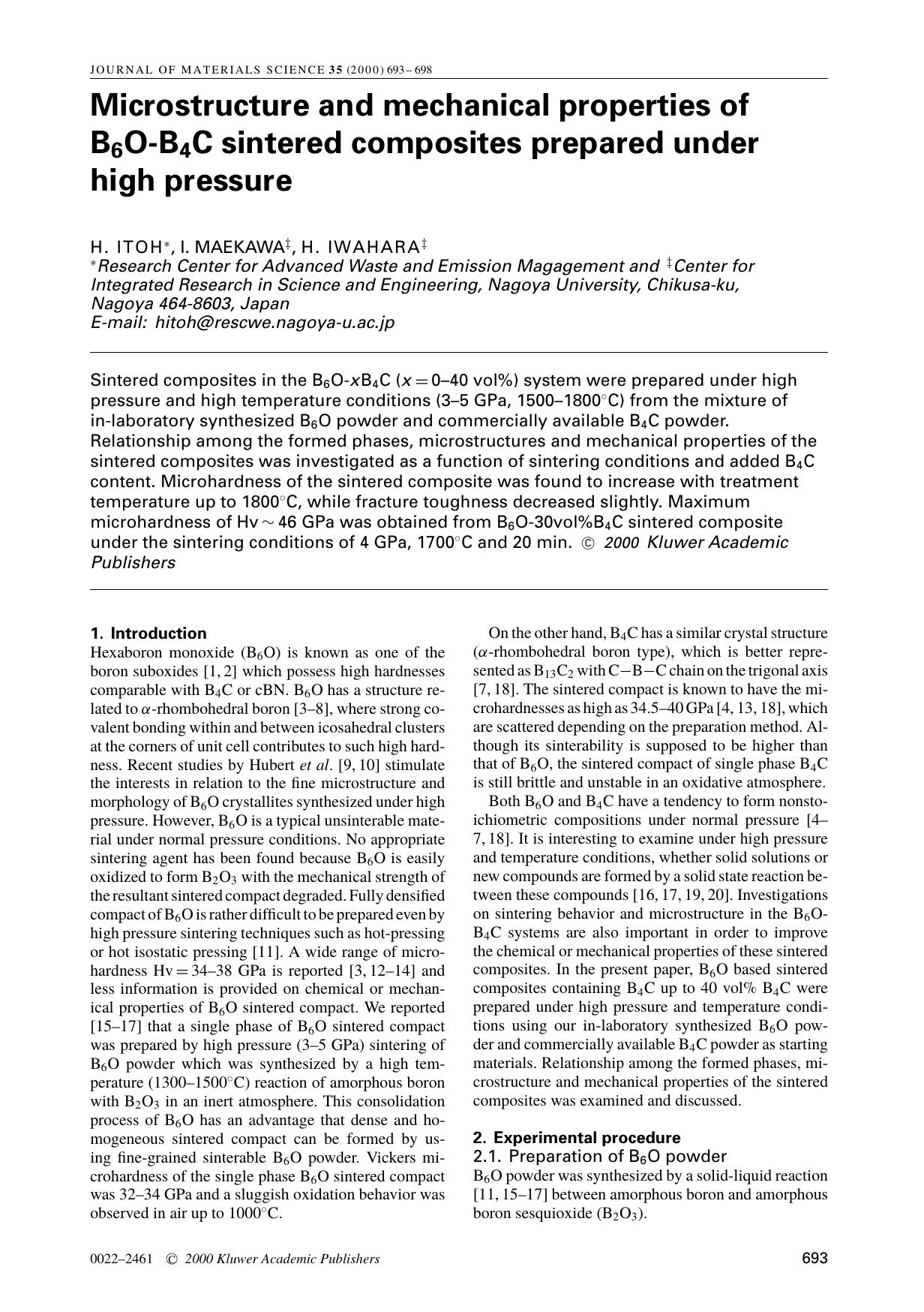 Microstructure and mechanical properties of B6O-B4C sintered composites prepared under high pressure by Unknown