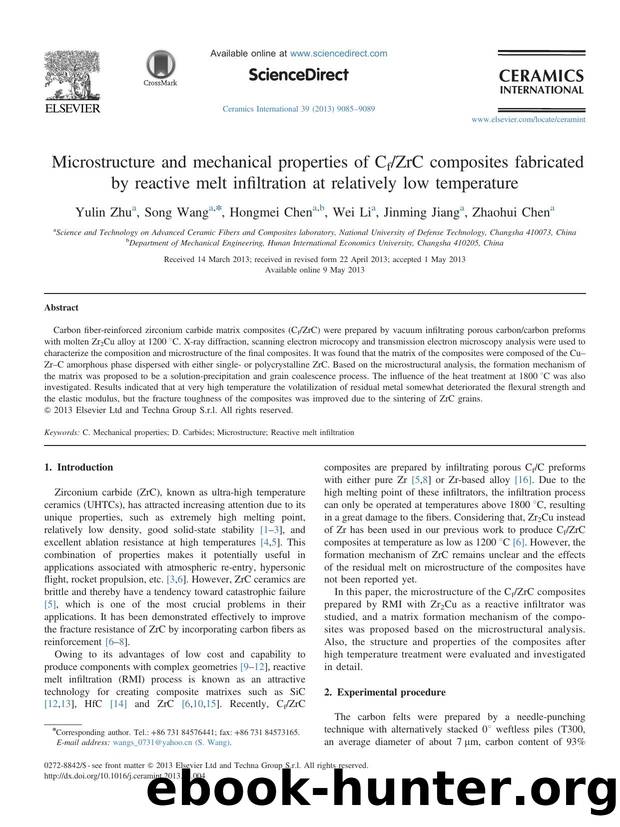 Microstructure and mechanical properties of CfZrC composites fabricated by reactive melt infiltration at relatively low temperature by Yulin Zhu & Song Wang & Hongmei Chen & Wei Li & Jinming Jiang & Zhaohui Chen