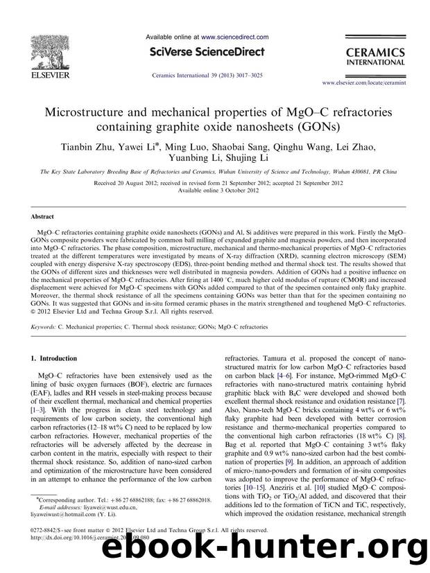 Microstructure and mechanical properties of MgOî¸C refractories containing graphite oxide nanosheets (GONs) by Tianbin Zhu & Yawei Li & Ming Luo & Shaobai Sang & Qinghu Wang & Lei Zhao & Yuanbing Li & Shujing Li