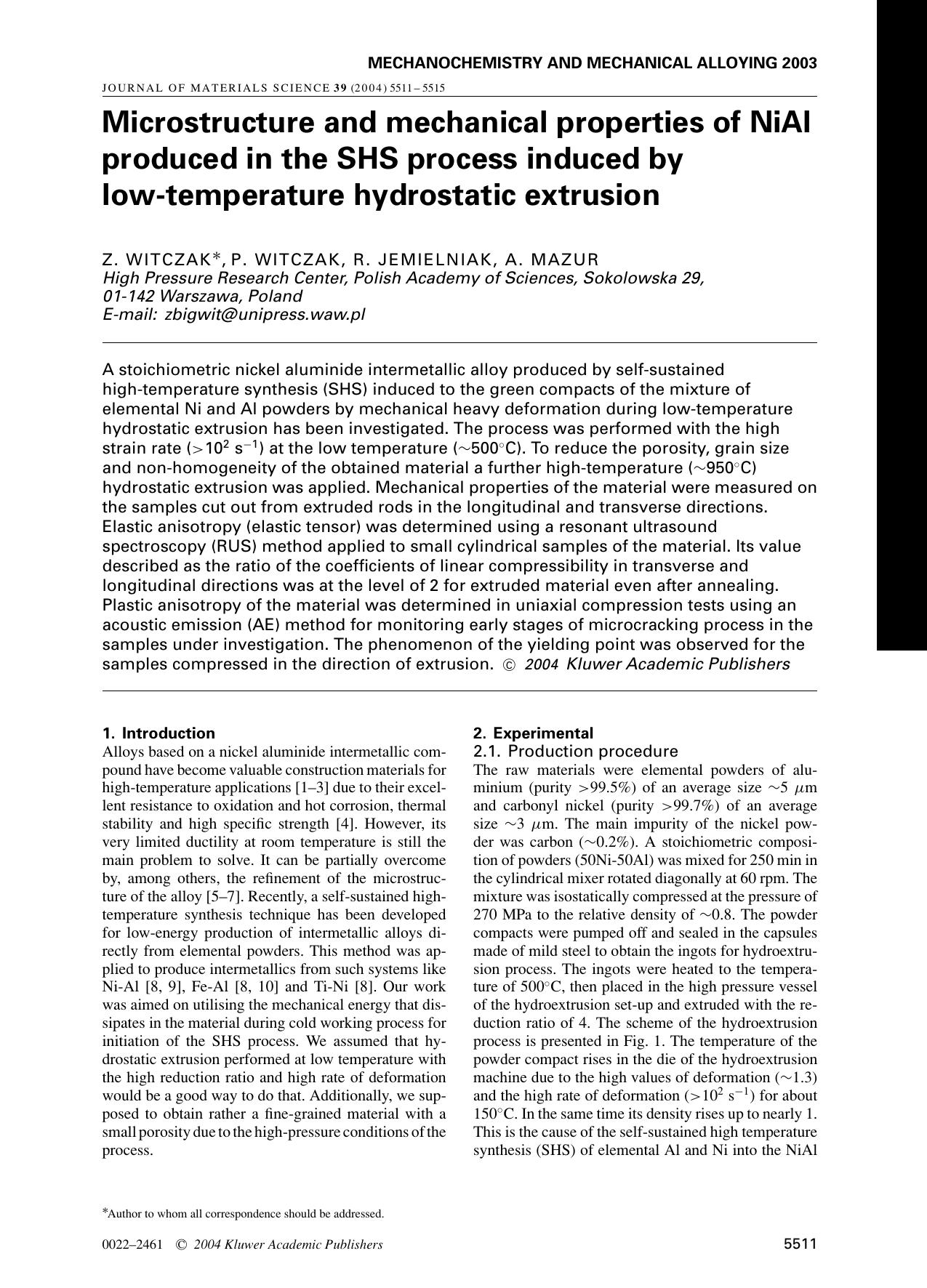 Microstructure and mechanical properties of NiAl produced in the SHS process induced by low-temperature hydrostatic extrusion by Unknown