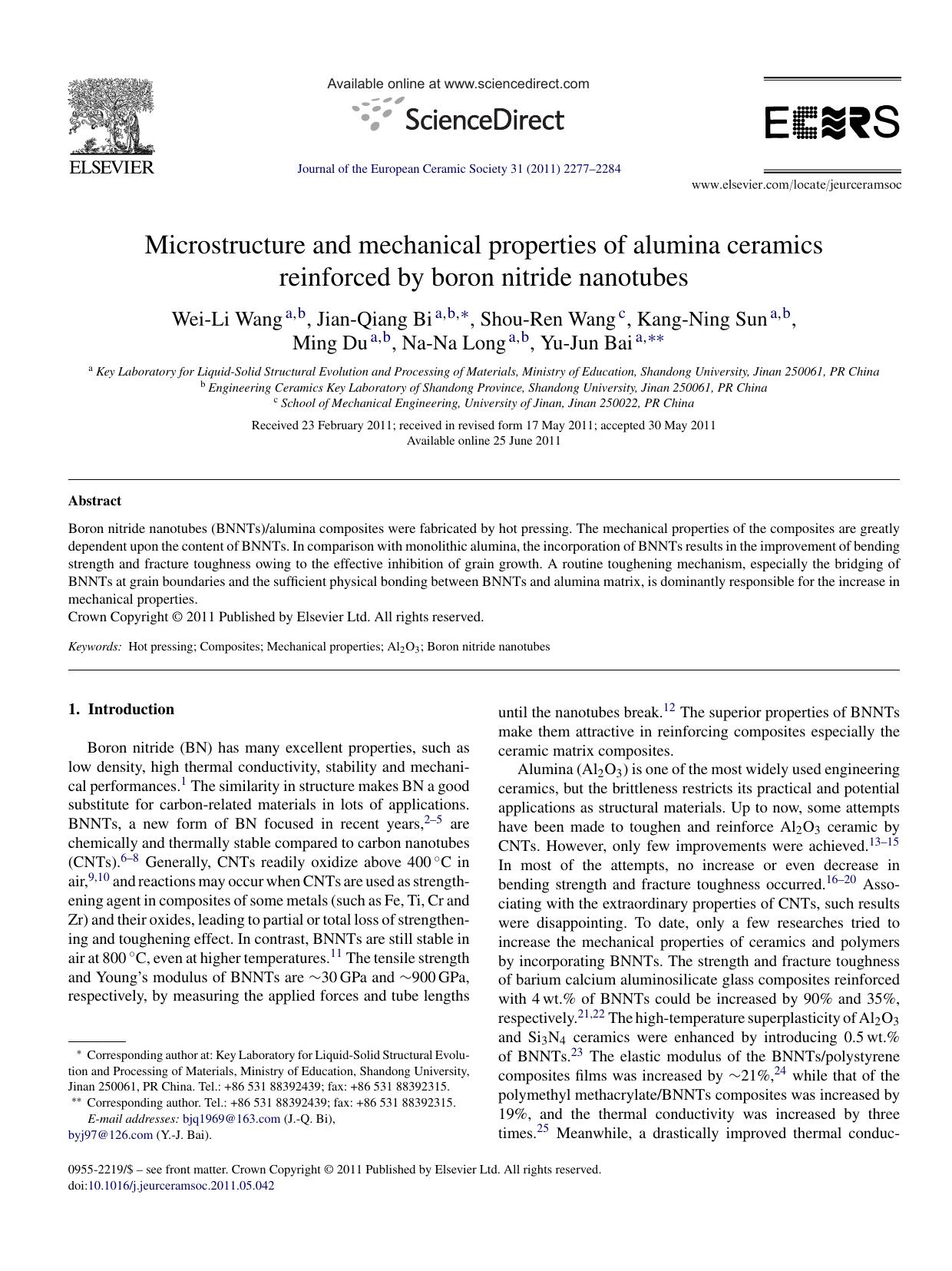 Microstructure and mechanical properties of alumina ceramics reinforced by boron nitride nanotubes by Wei-Li Wang