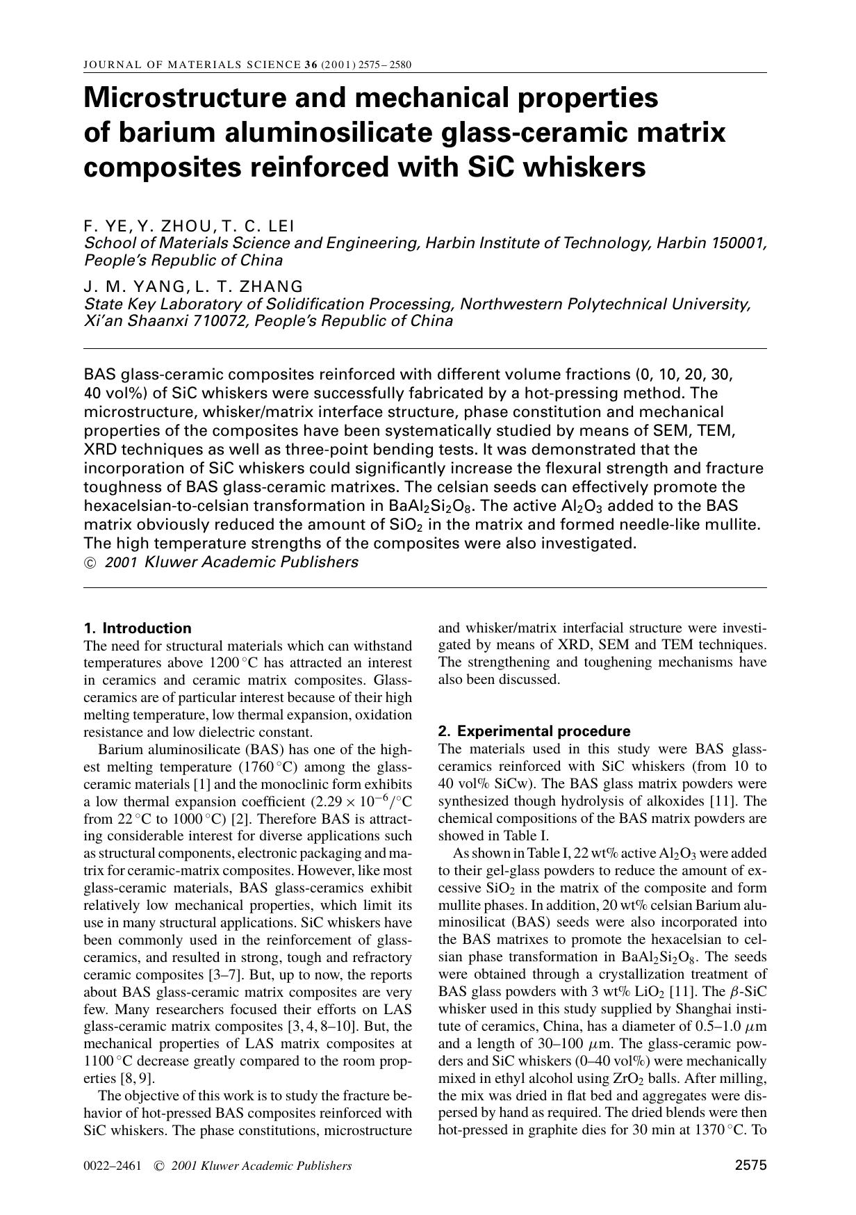 Microstructure and mechanical properties of barium aluminosilicate glass-ceramic matrix composites reinforced with SiC whiskers by Unknown